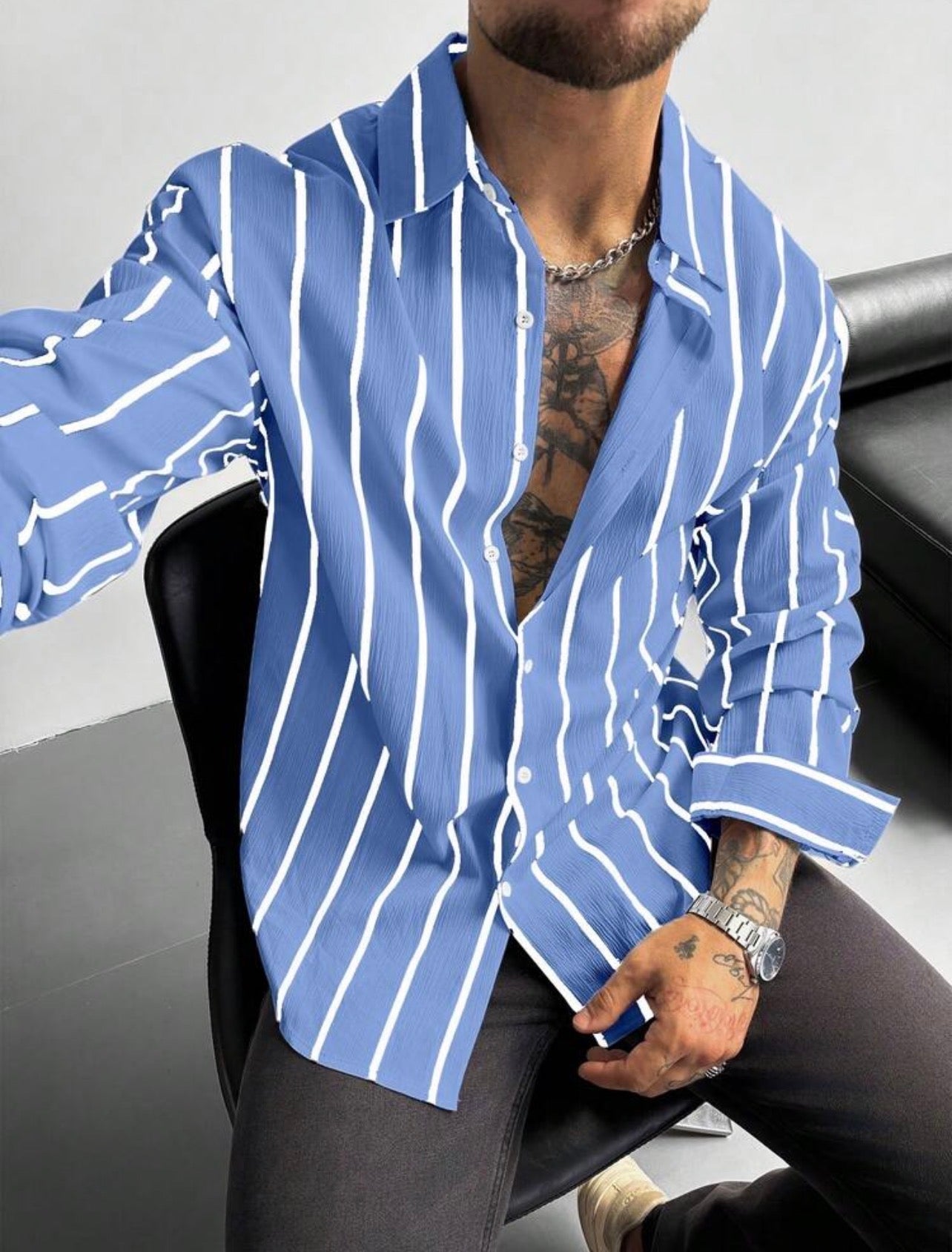 Men’s Classic Striped Linen-Feel Long Sleeve Button-Down Shirt – Casual Office Top