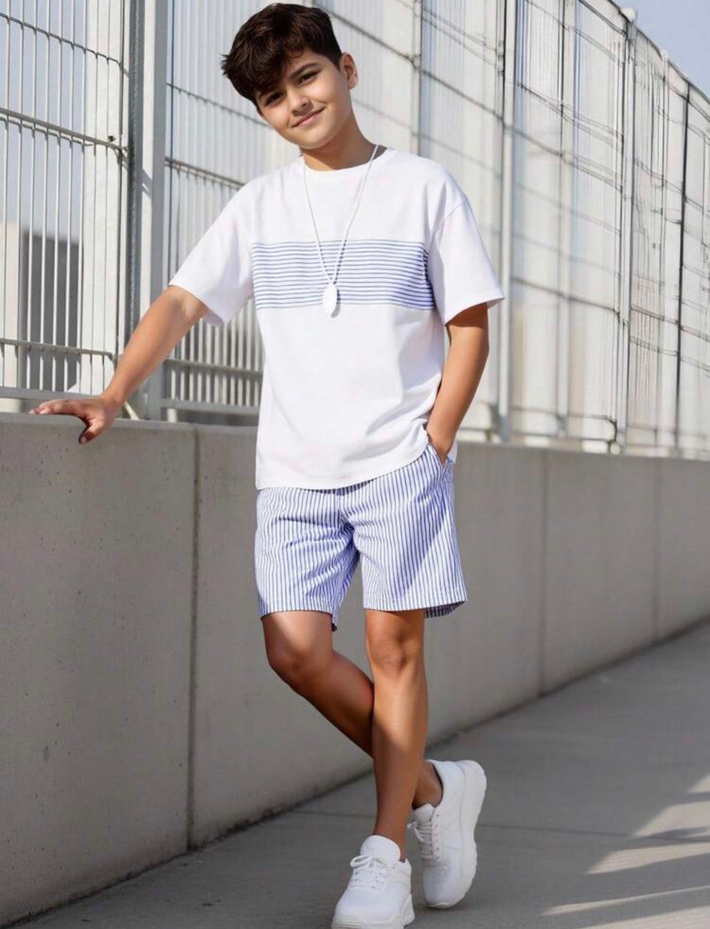Boys Navy Blue Striped T-Shirt & Loose Shorts Casual Summer Sports Set
