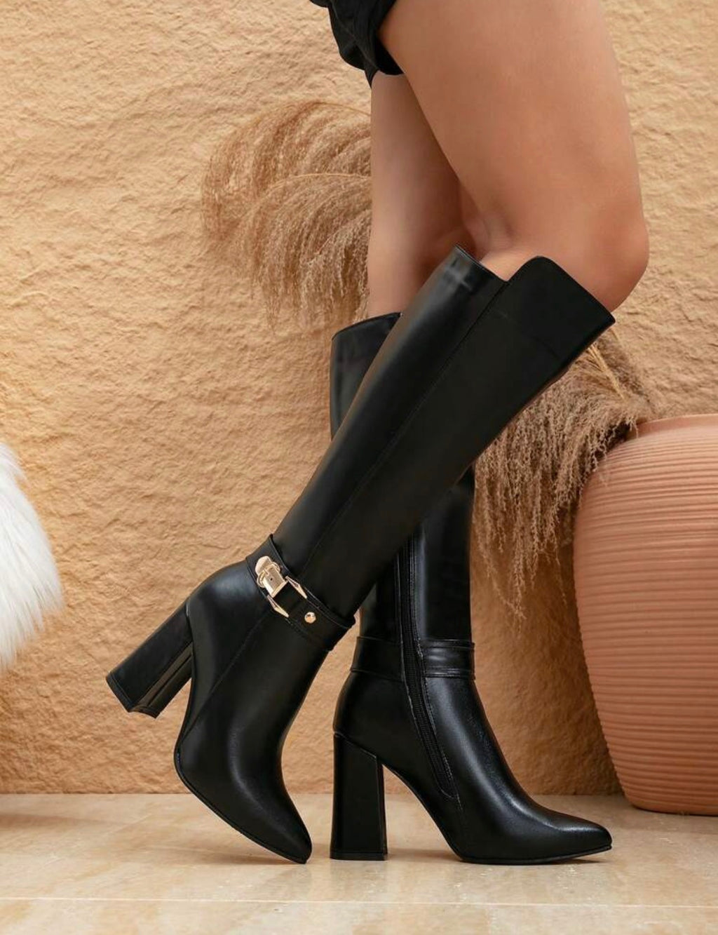 Women’s Brown Alligator Print Knee-High Boots with Pointed Toe & Block Heel