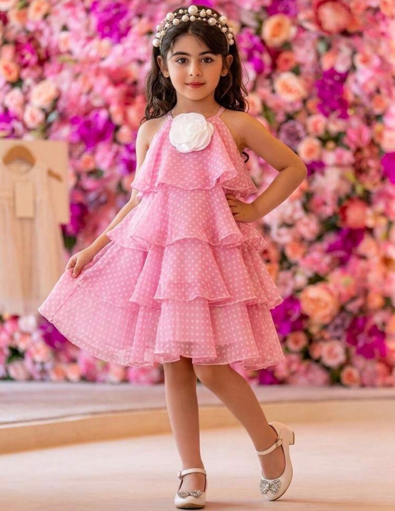Girls 3D Floral Layered Fairy Dress in White & Pink for Birthdays and Special Occasions