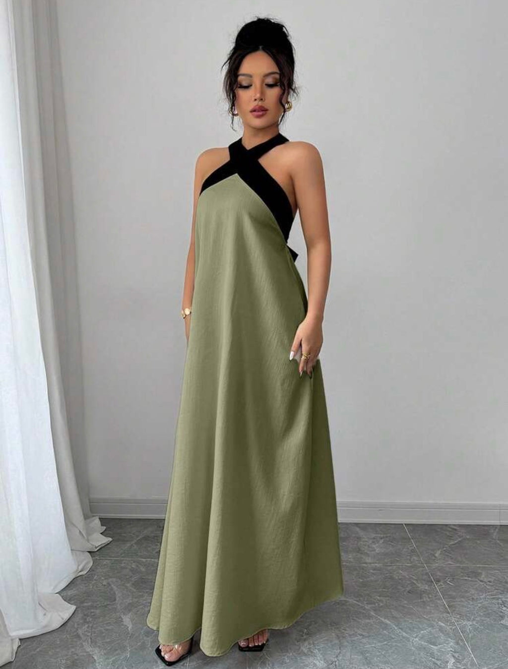 Elegant Color Block Halter Backless Bowknot Strap Sleeveless Maxi Dress – Casual Resort We