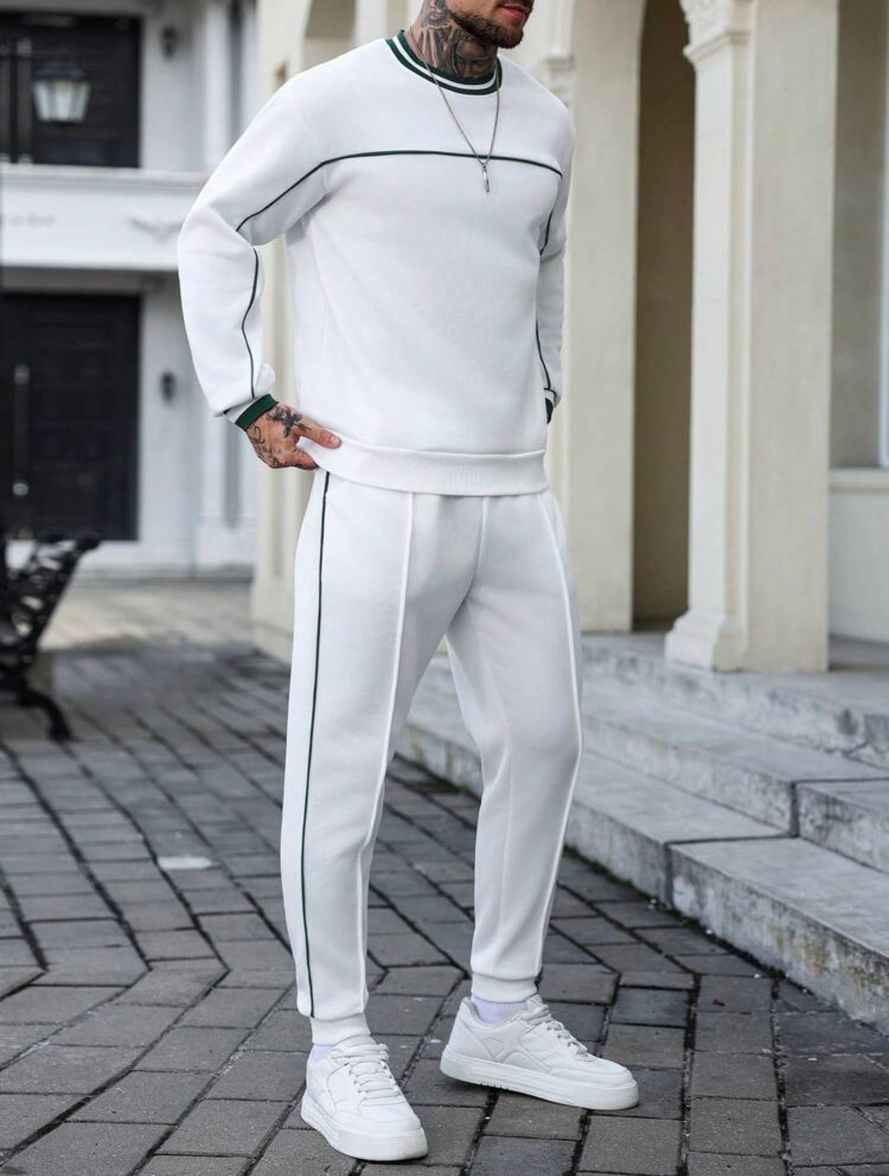 Men’s Fleece Thermal Lined Sweatshirt & Drawstring Sweatpants Two-Piece Set – Contrast Trim Casual Outfit