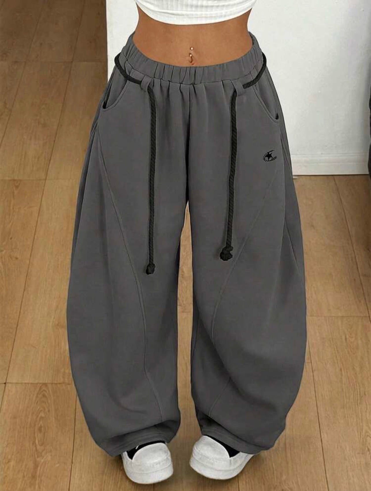 Women’s Casual Elastic Waist Curved Hem Pants – Preppy Streetwear Style