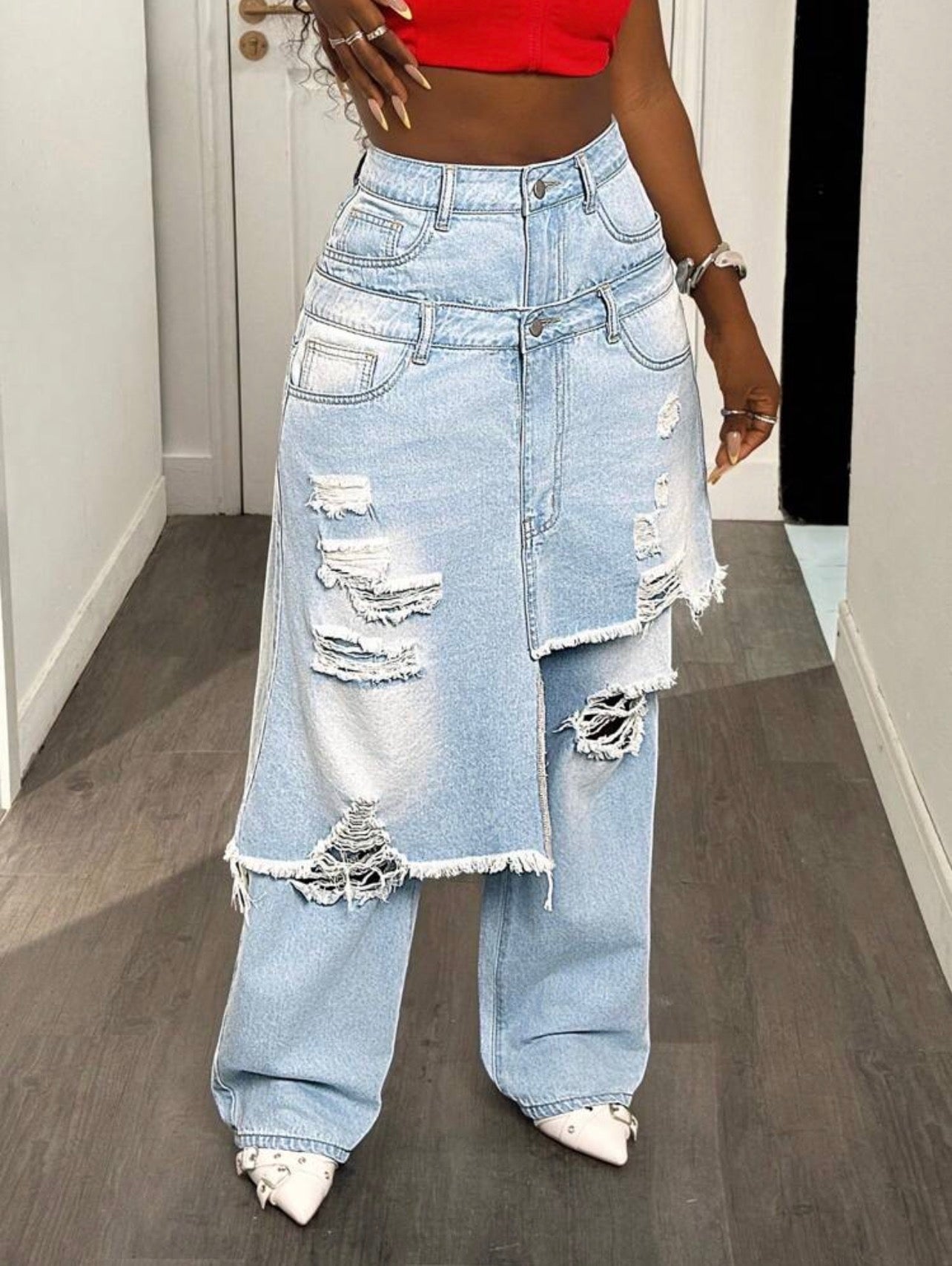 Women’s Loose Fit Ripped Pocket Denim Pants – Casual Long Jeans