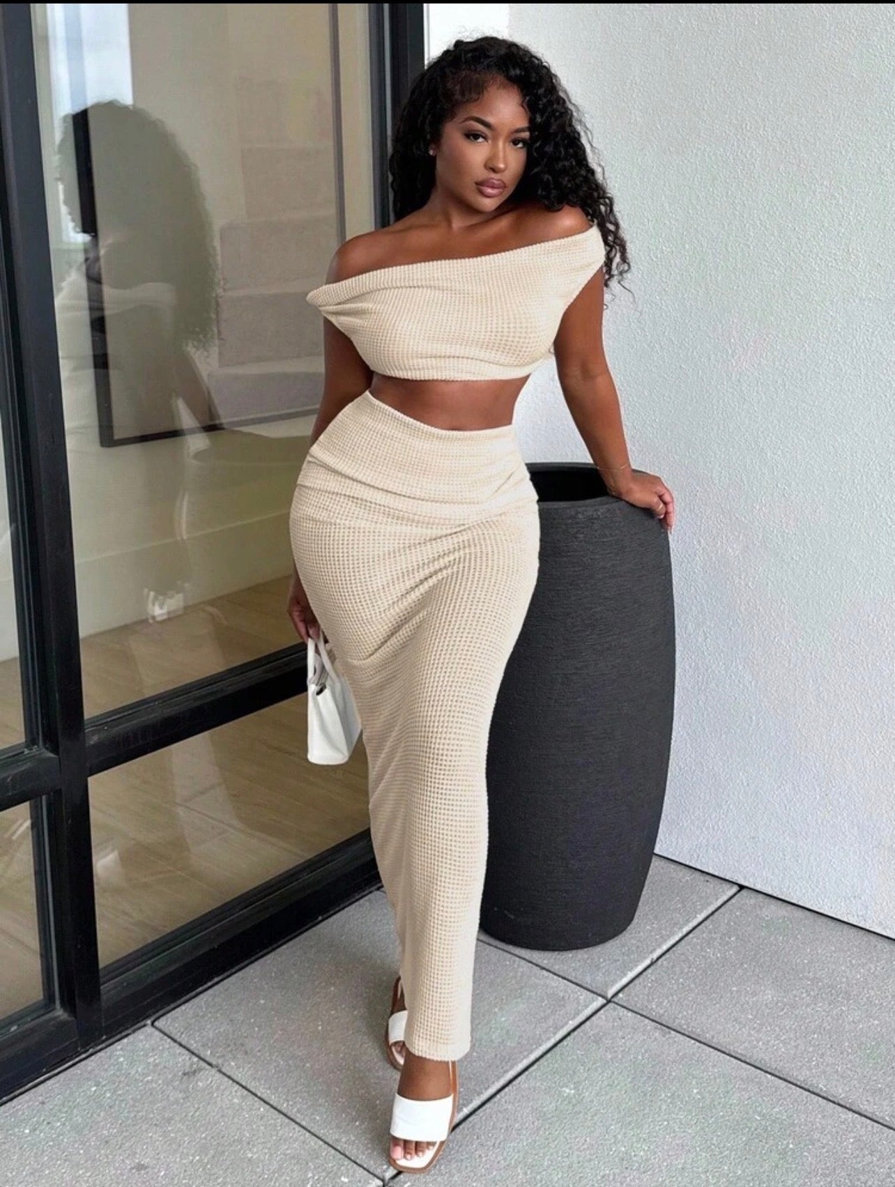Women’s 2-Piece Crochet Knit Vacation Set – Asymmetrical Cutout Top & Fishtail Skirt