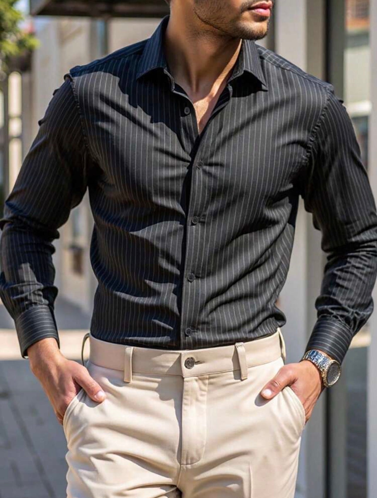 Men’s Striped Long Sleeve Formal Shirt – Casual Business Top