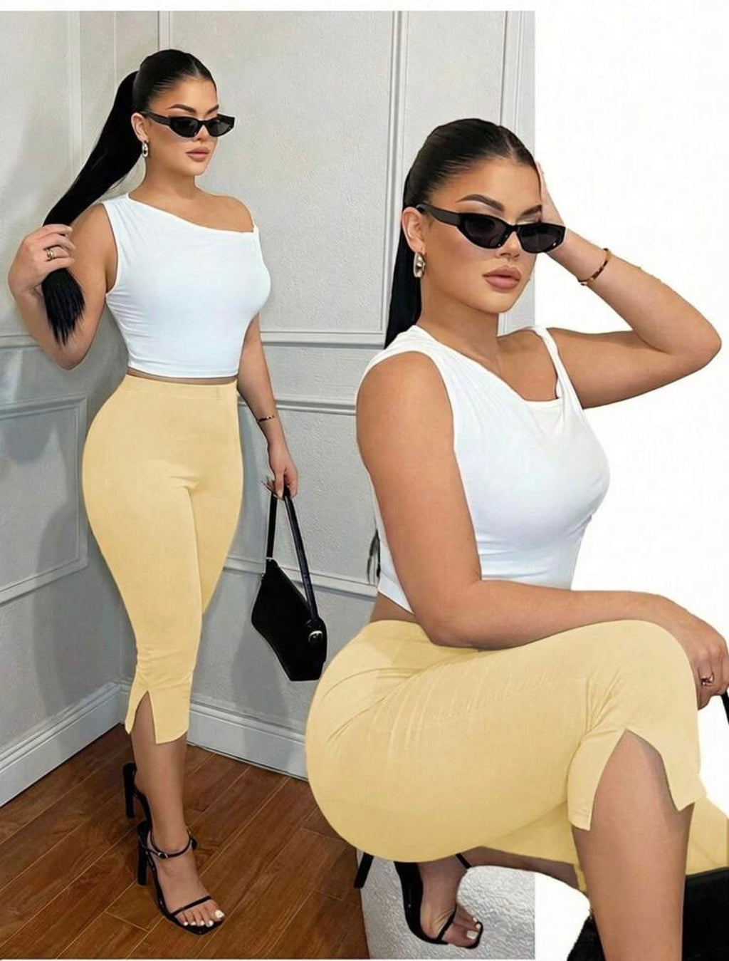 Women’s High Waist Skinny Split Hem Cropped Leggings – Casual Versatile Capris