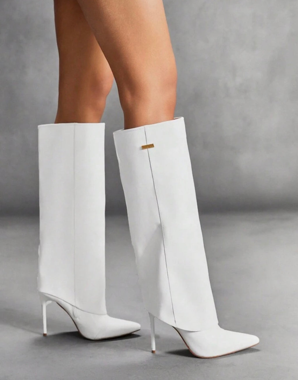Women’s White Pointed Toe Knee-High Boots with Metal Accent & Slim High Heel
