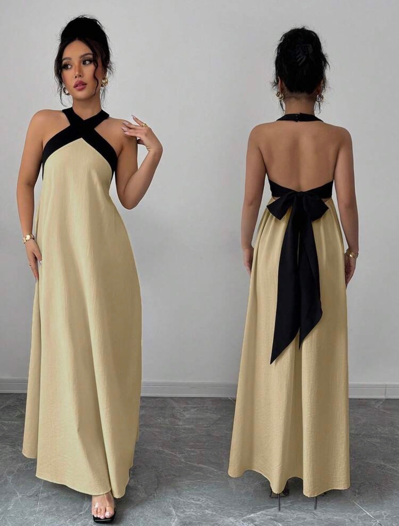 Elegant Color Block Halter Backless Bowknot Strap Sleeveless Maxi Dress – Casual Resort We