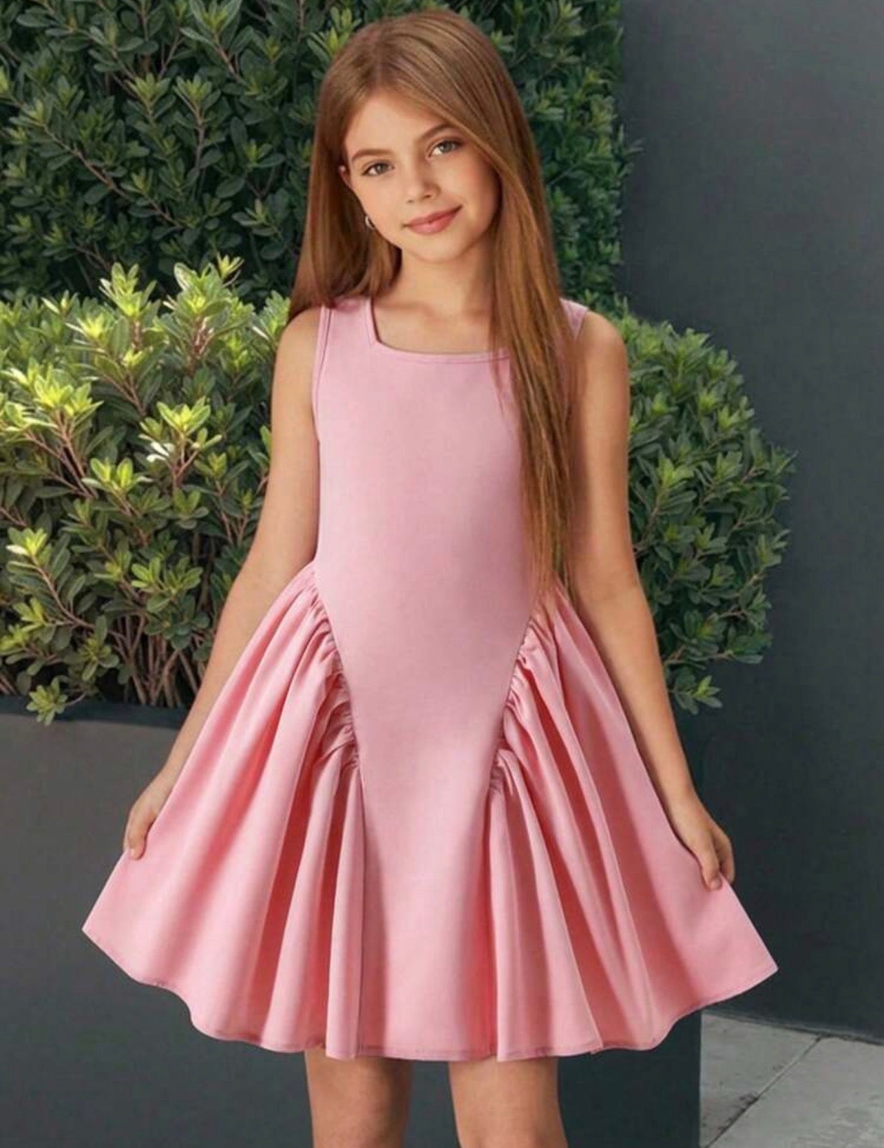 Girls Square Neck Sleeveless Pink Bow Party Dress for Special Occasions