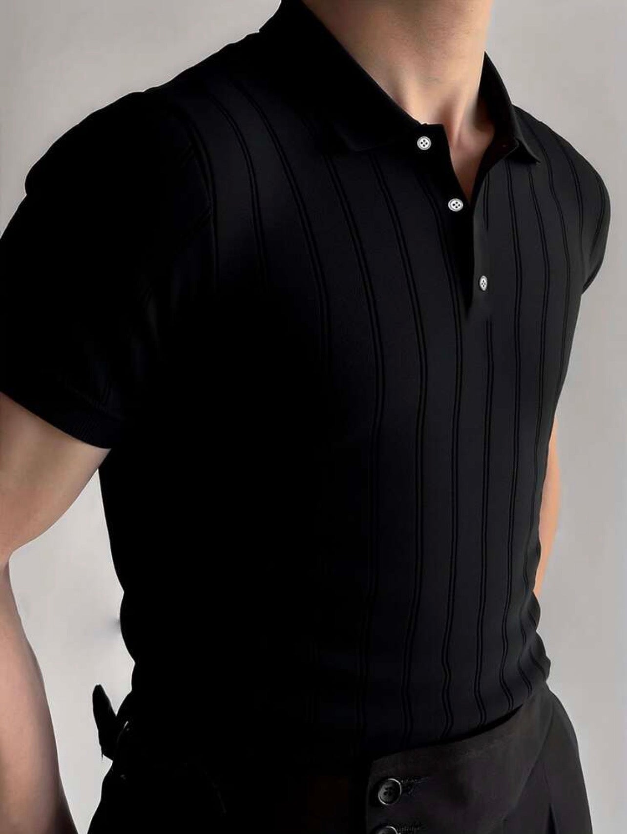 Men’s Ribbed Knit Polo Neck Short Sleeve Top – Casual Daily Wear Shirt