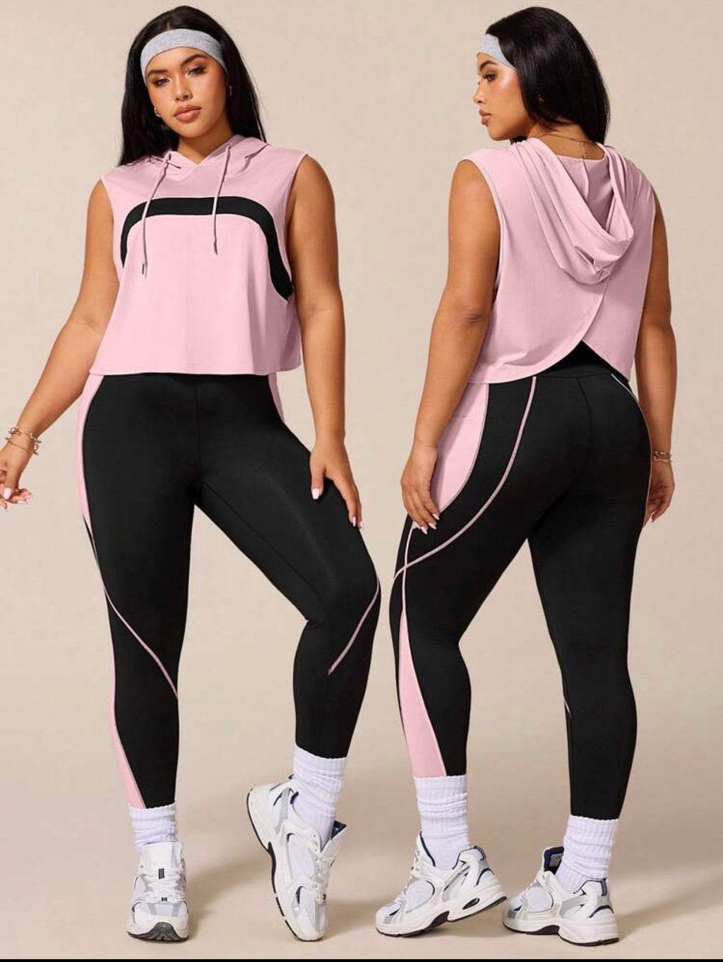 Women’s Plus Size Hooded Sleeveless Workout Set with Contrast Leggings