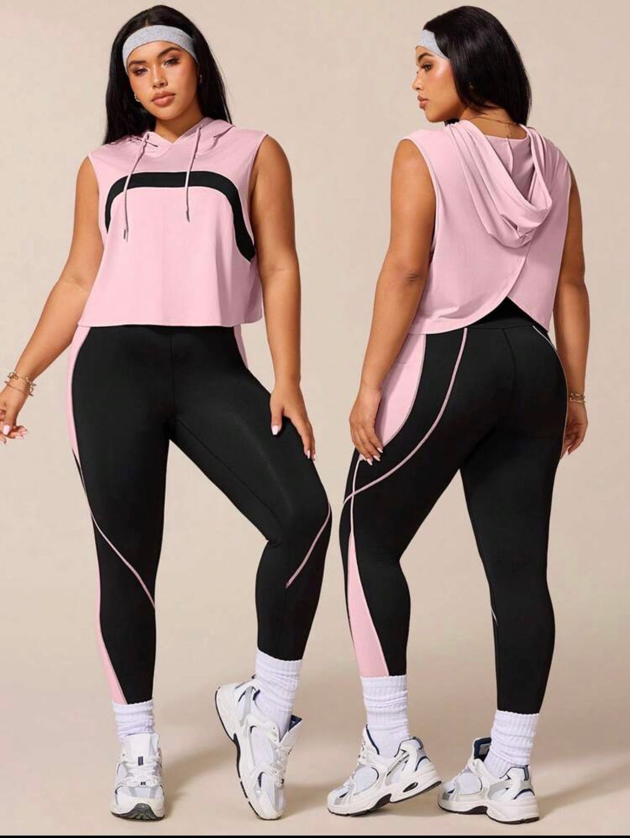 Women’s Plus Size Hooded Sleeveless Workout Set with Contrast Leggings
