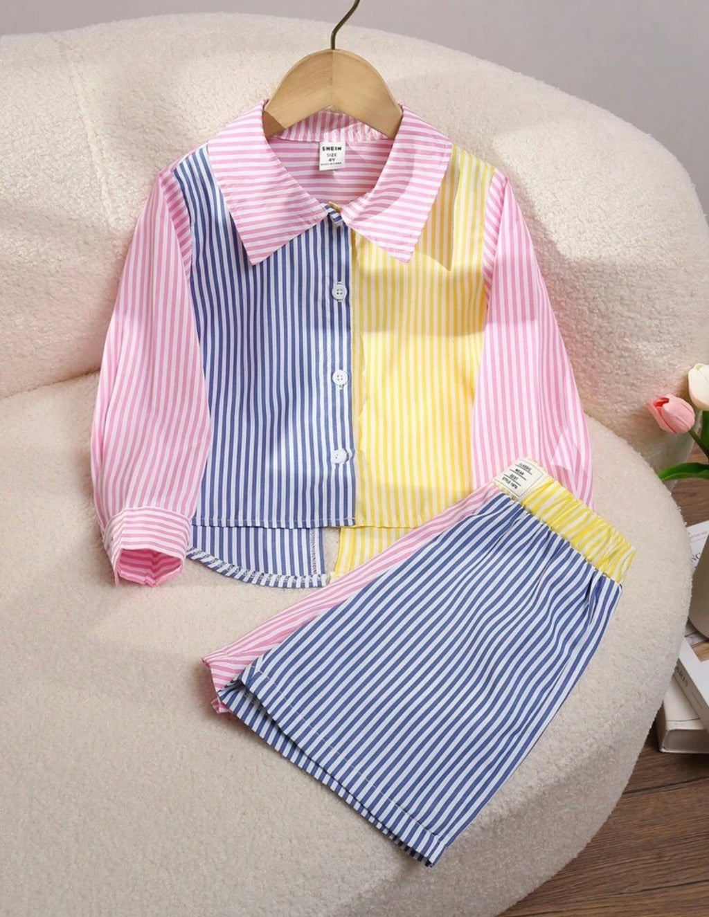 Girls Patchwork Contrast Collar Long Sleeve Shirt & Striped Pants Outfit Set