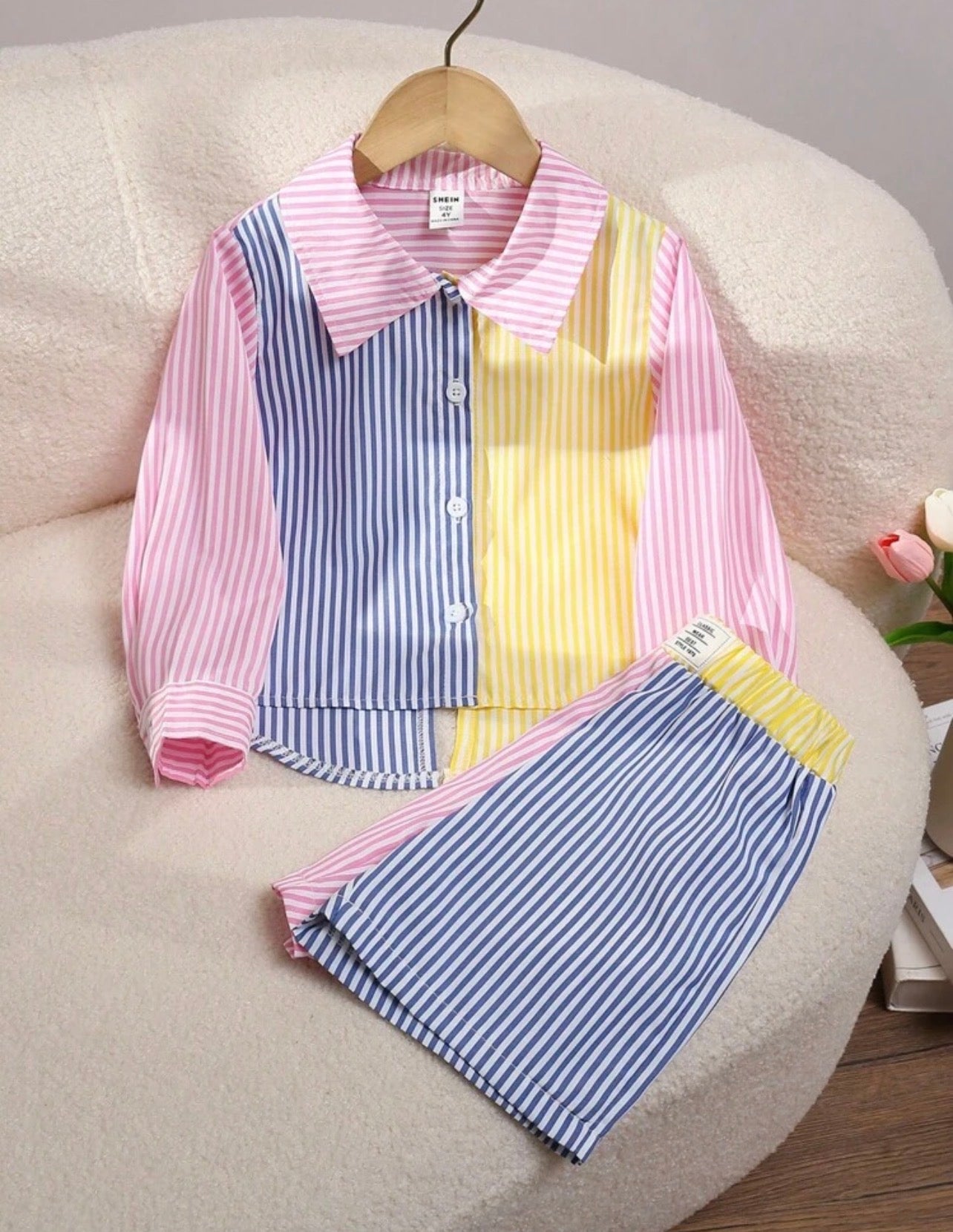 Girls Patchwork Contrast Collar Long Sleeve Shirt & Striped Pants Outfit Set