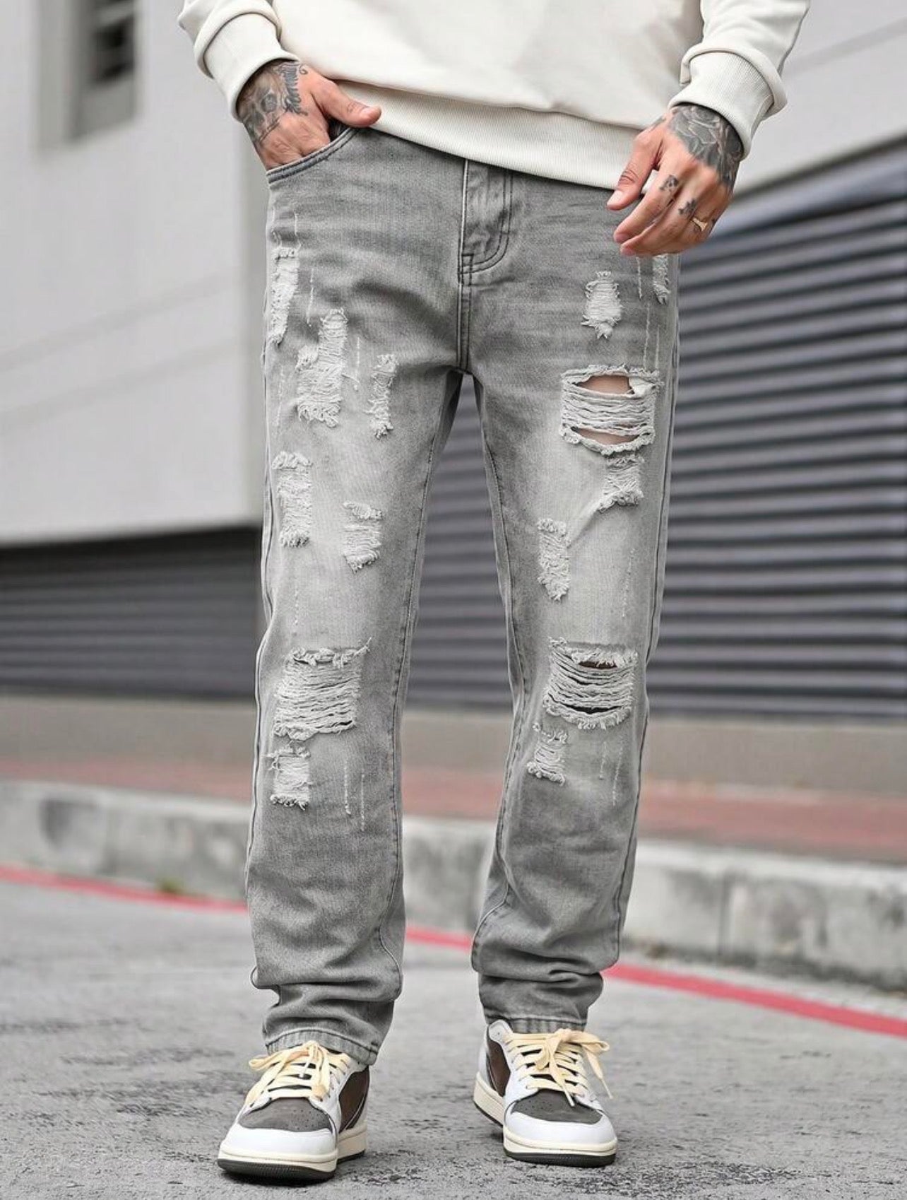 Men’s Straight Leg Distressed Jeans – Casual Outdoor Denim Pants