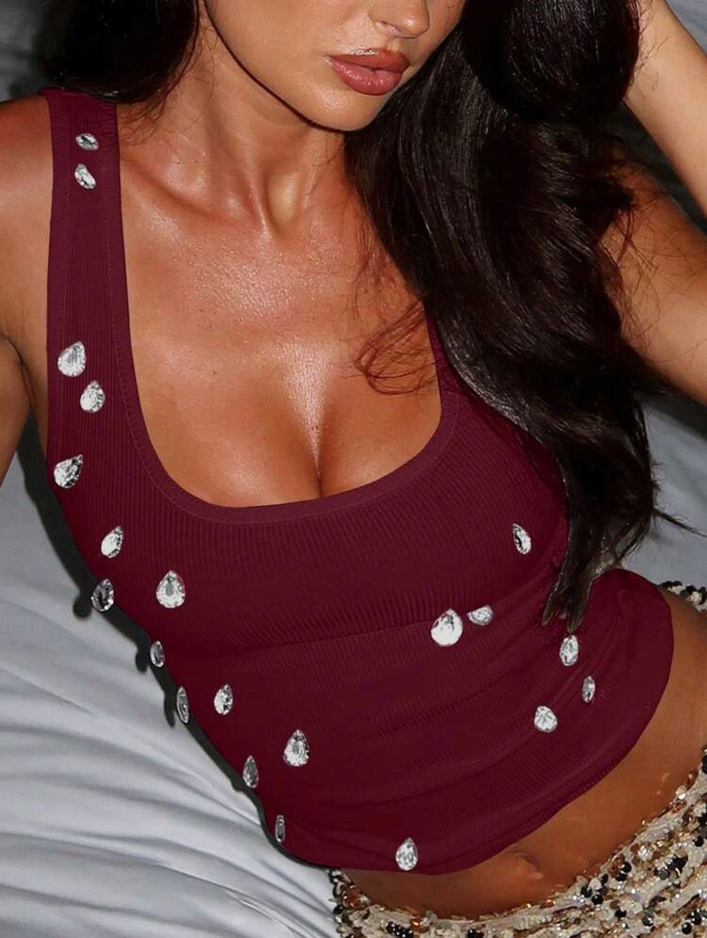 Women’s Cropped Ribbed Camisole Tank Top with Diamond Detail – Casual Summer Sleeveless Top