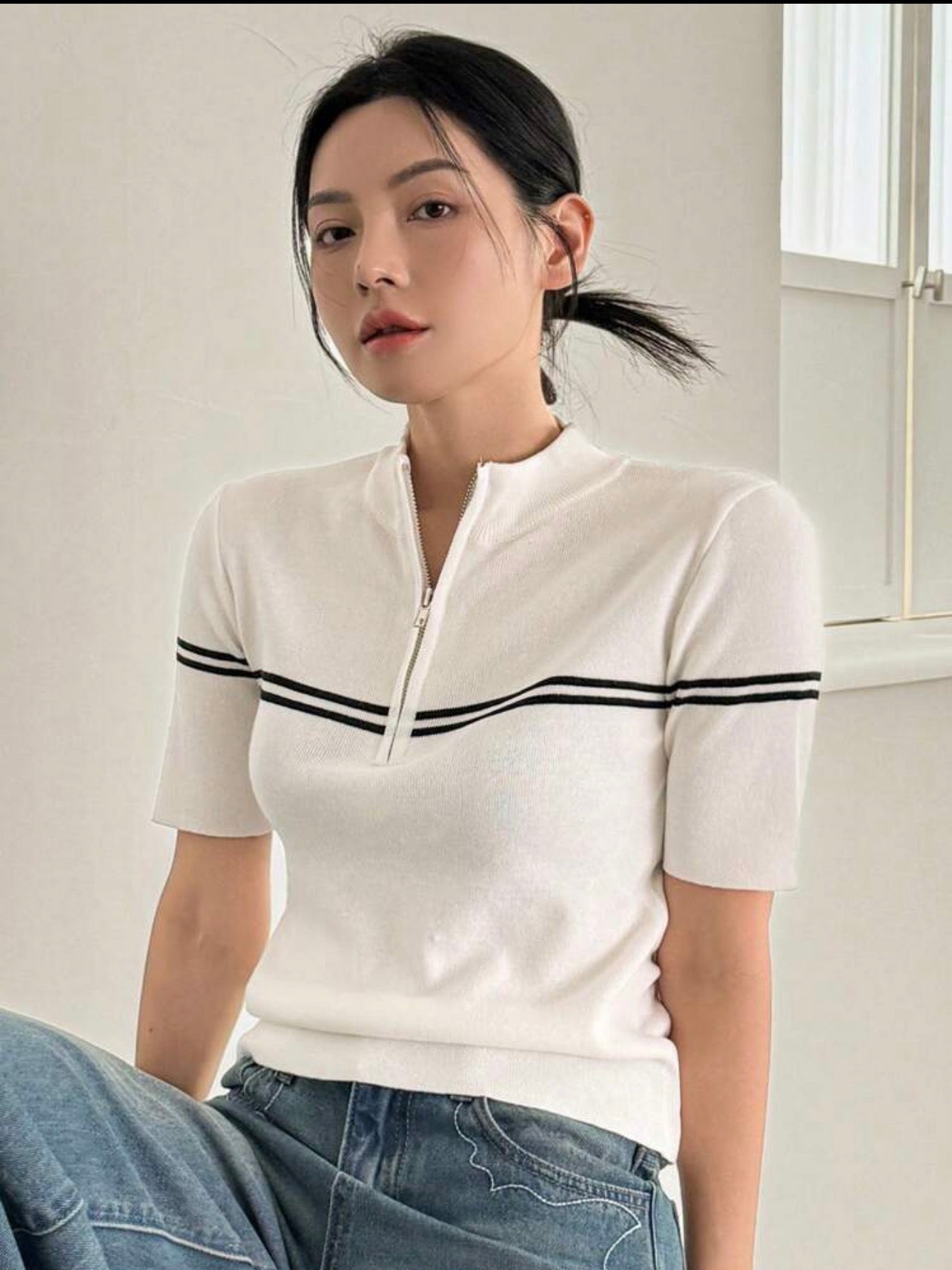 Women’s Business Casual Stand Collar Short Sleeve Knit Pullover Top