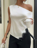 Elegant Satin Lace-Trim One-Shoulder Sleeveless Blouse for Women