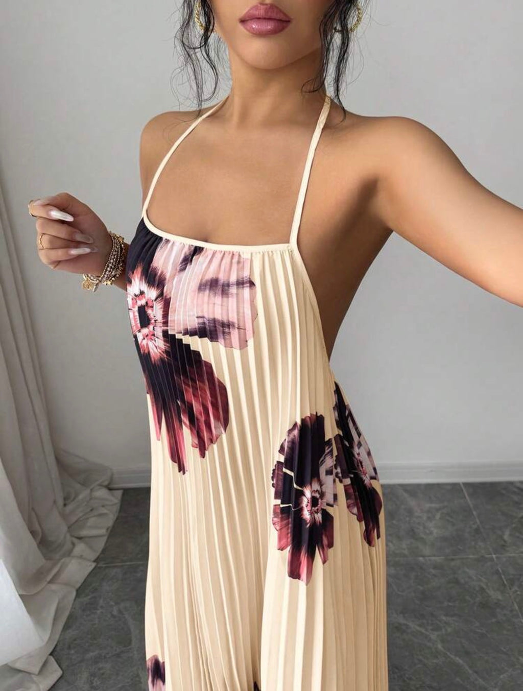 Women’s Loose Fit Pleated Printed Maxi Dress – Elegant Casual Vacation Style