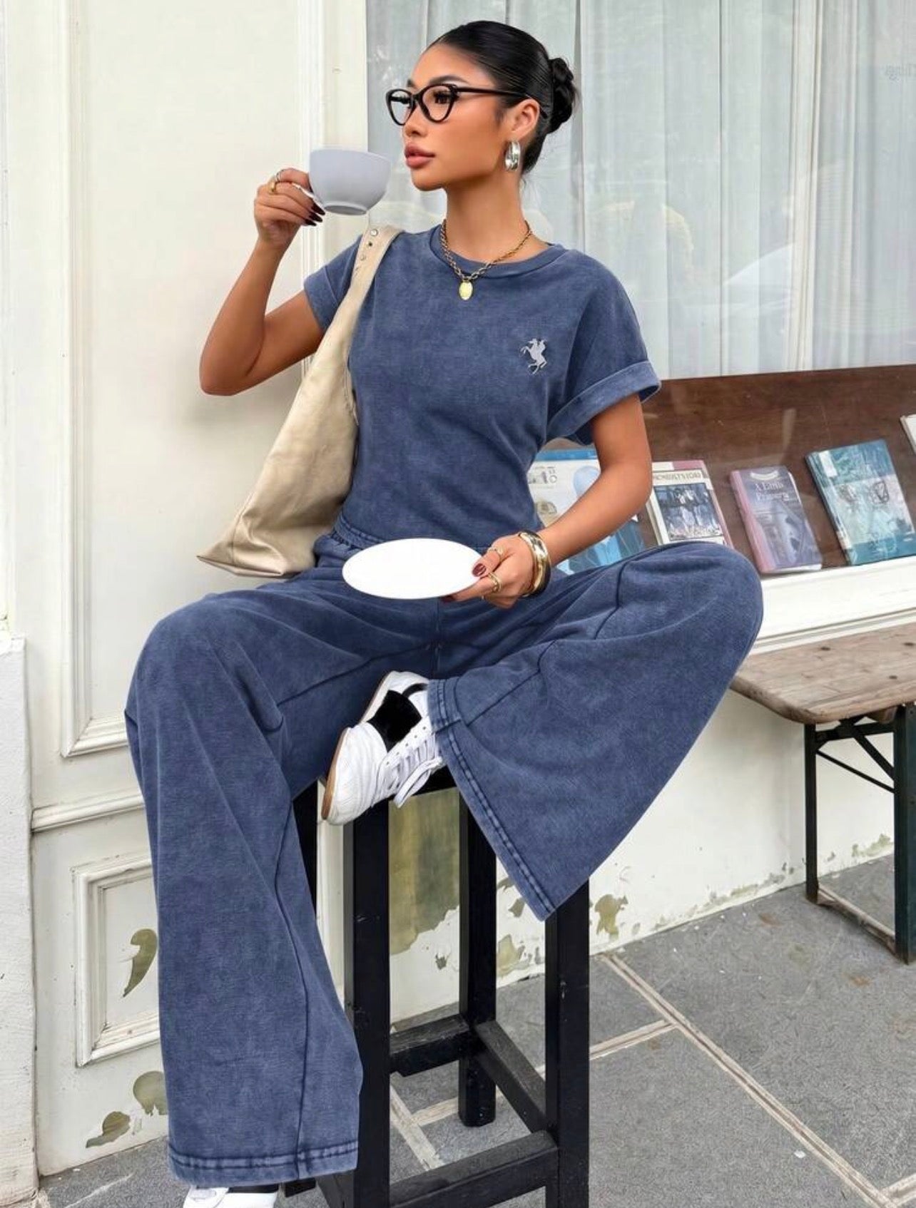 Women’s Vintage Washed Embroidered Loose T-Shirt & Wide Leg Pants Two-Piece Set