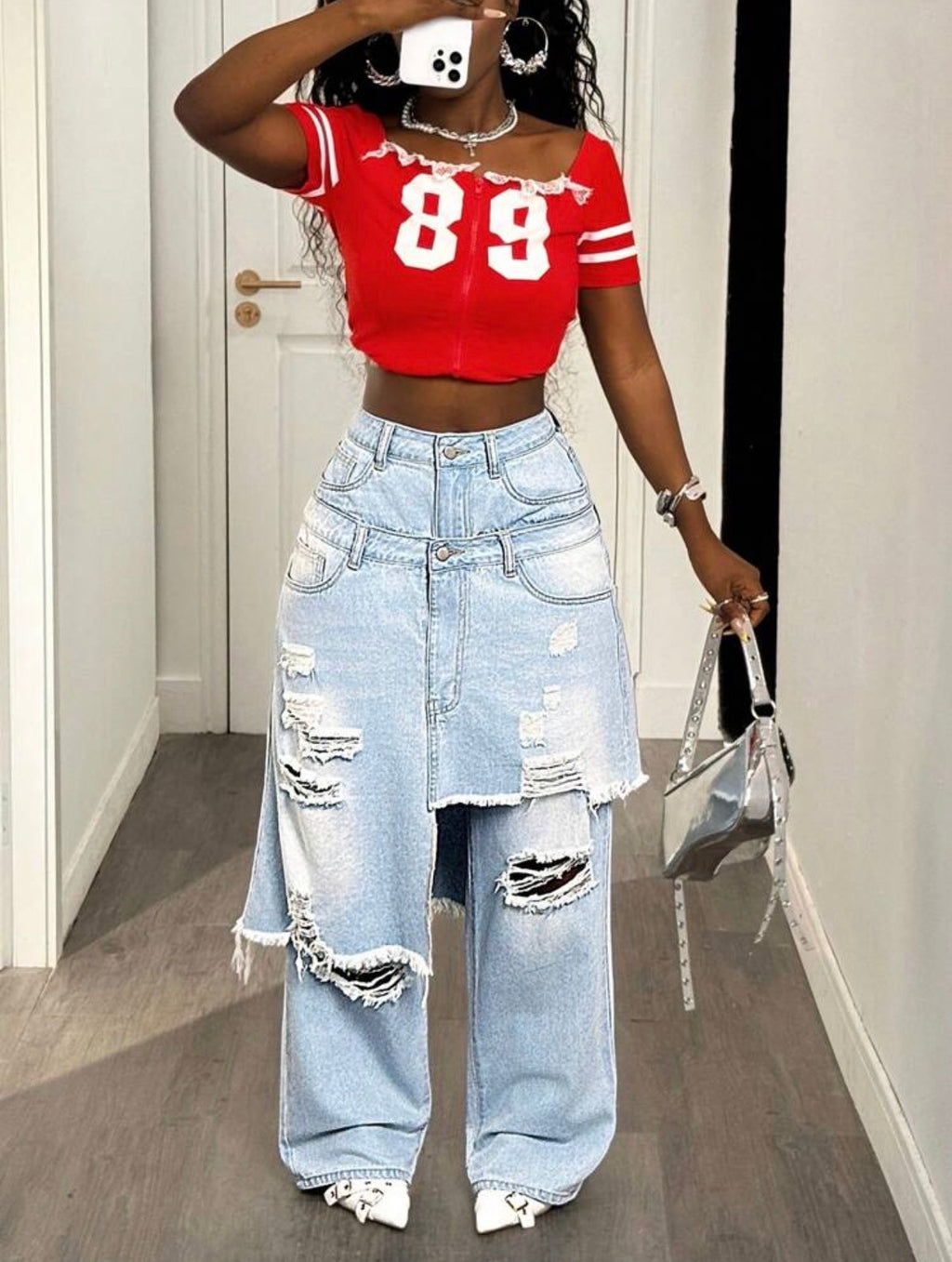 Women’s Loose Fit Ripped Pocket Denim Pants – Casual Long Jeans