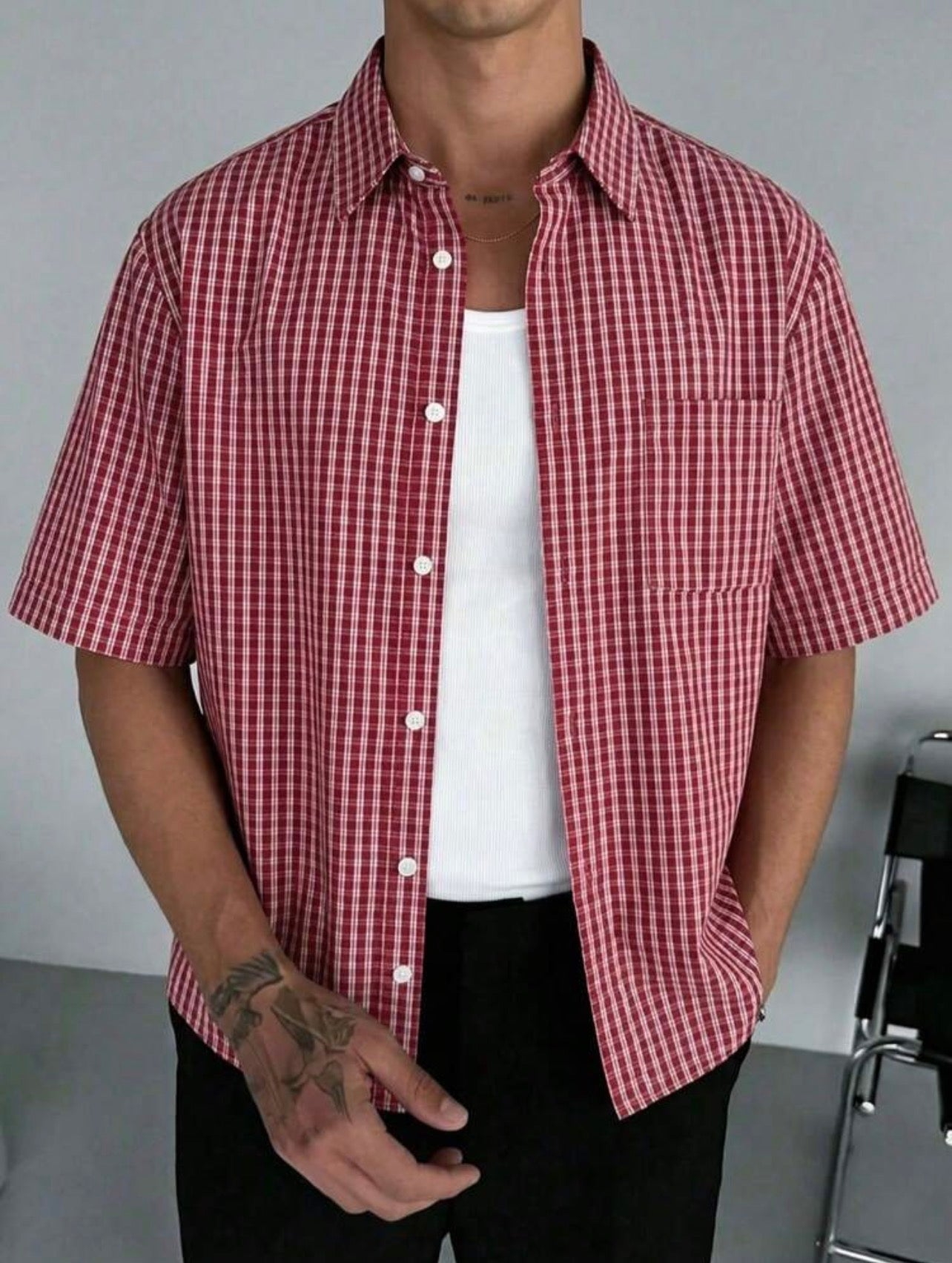 Men’s Loose Fit Plaid Shirt – Retro Checkered Short Sleeve Top