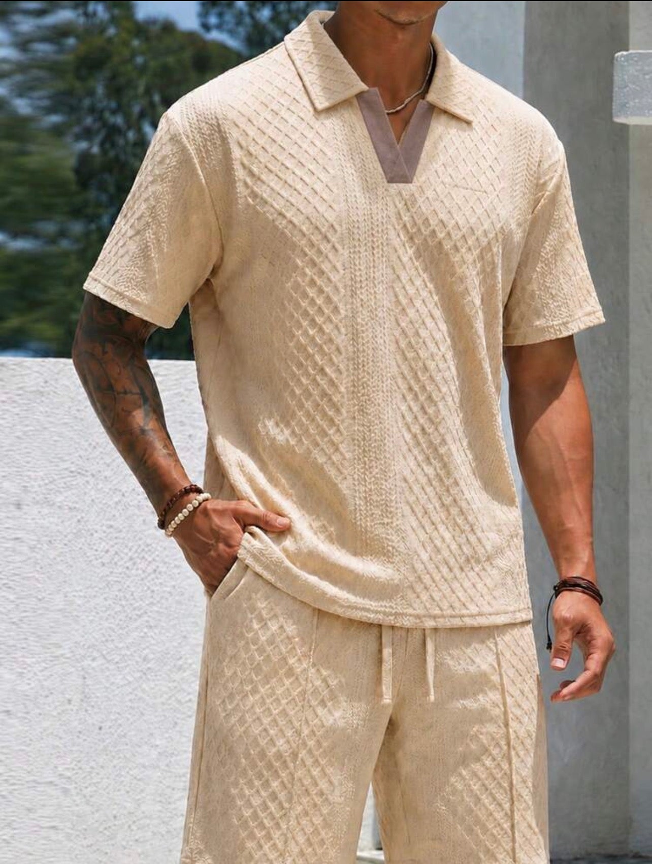 Men’s Polo Collar Short Sleeve Shirt & Shorts Two-Piece Resort Set – Casual Summer Outfit