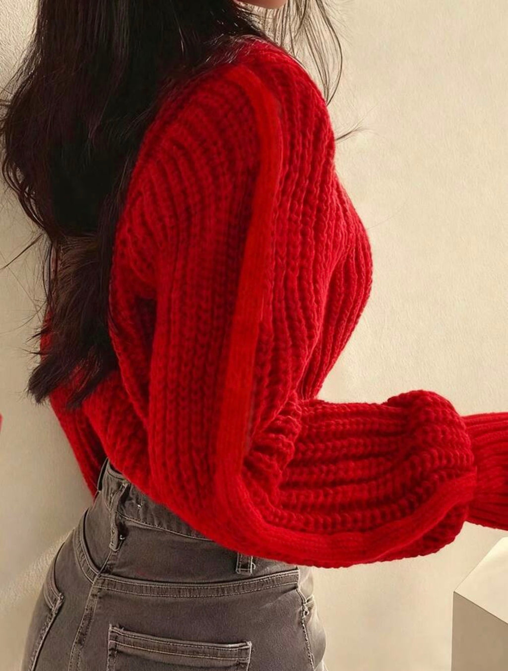 Women’s Crew Neck Long Sleeve Cropped Sweater – Casual Solid Knit Top