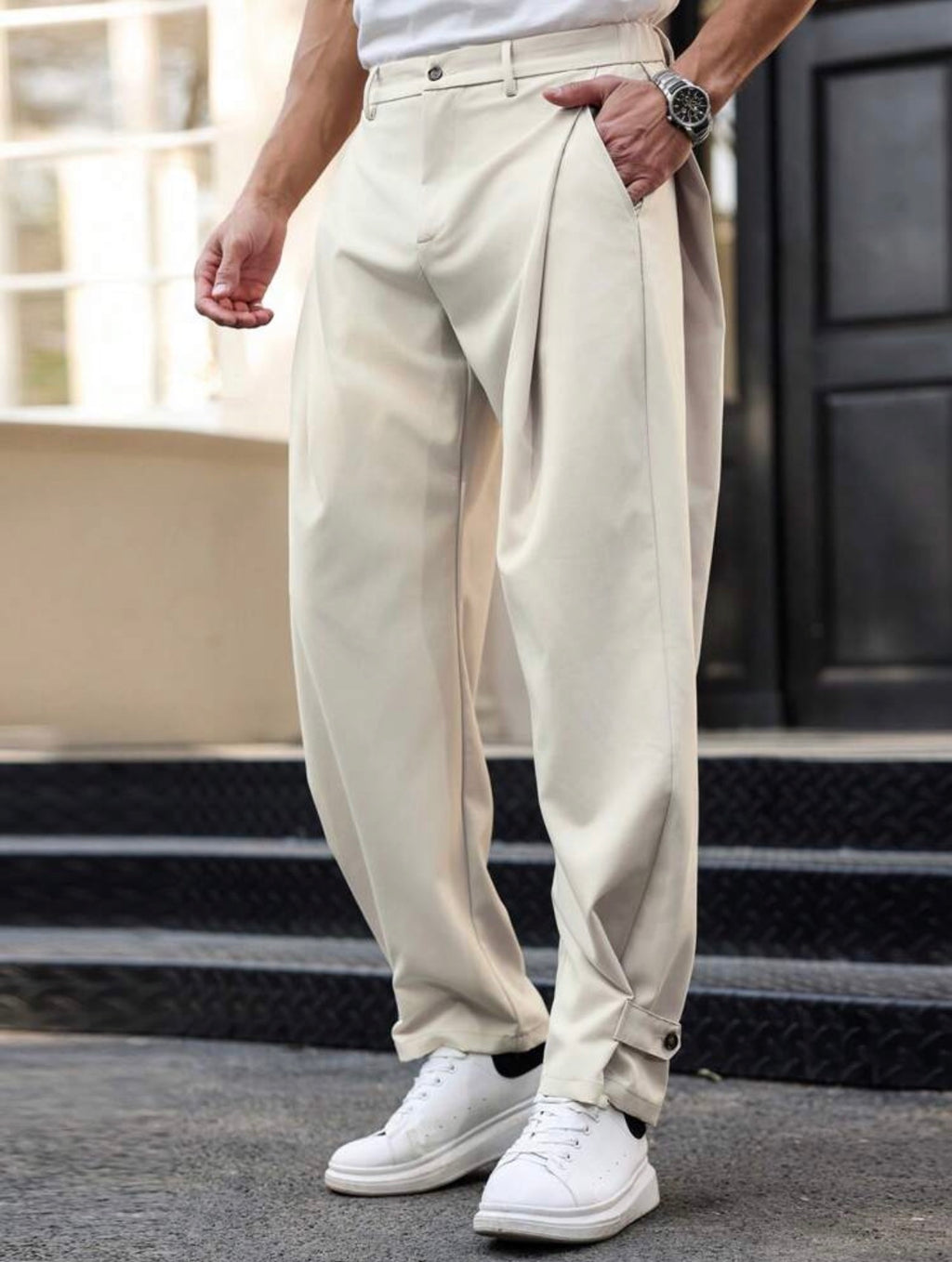 Men’s Solid Color Pleated Tapered Formal Pants with Side Cutout Detail – Designer Style Trousers
