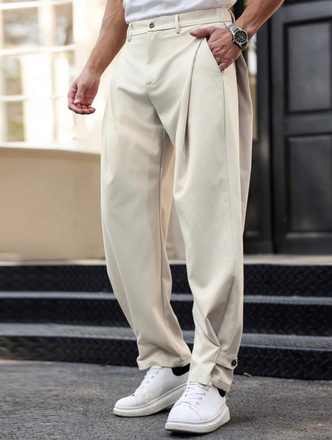 Men’s Solid Color Pleated Tapered Formal Pants with Side Cutout Detail – Designer Style Trousers