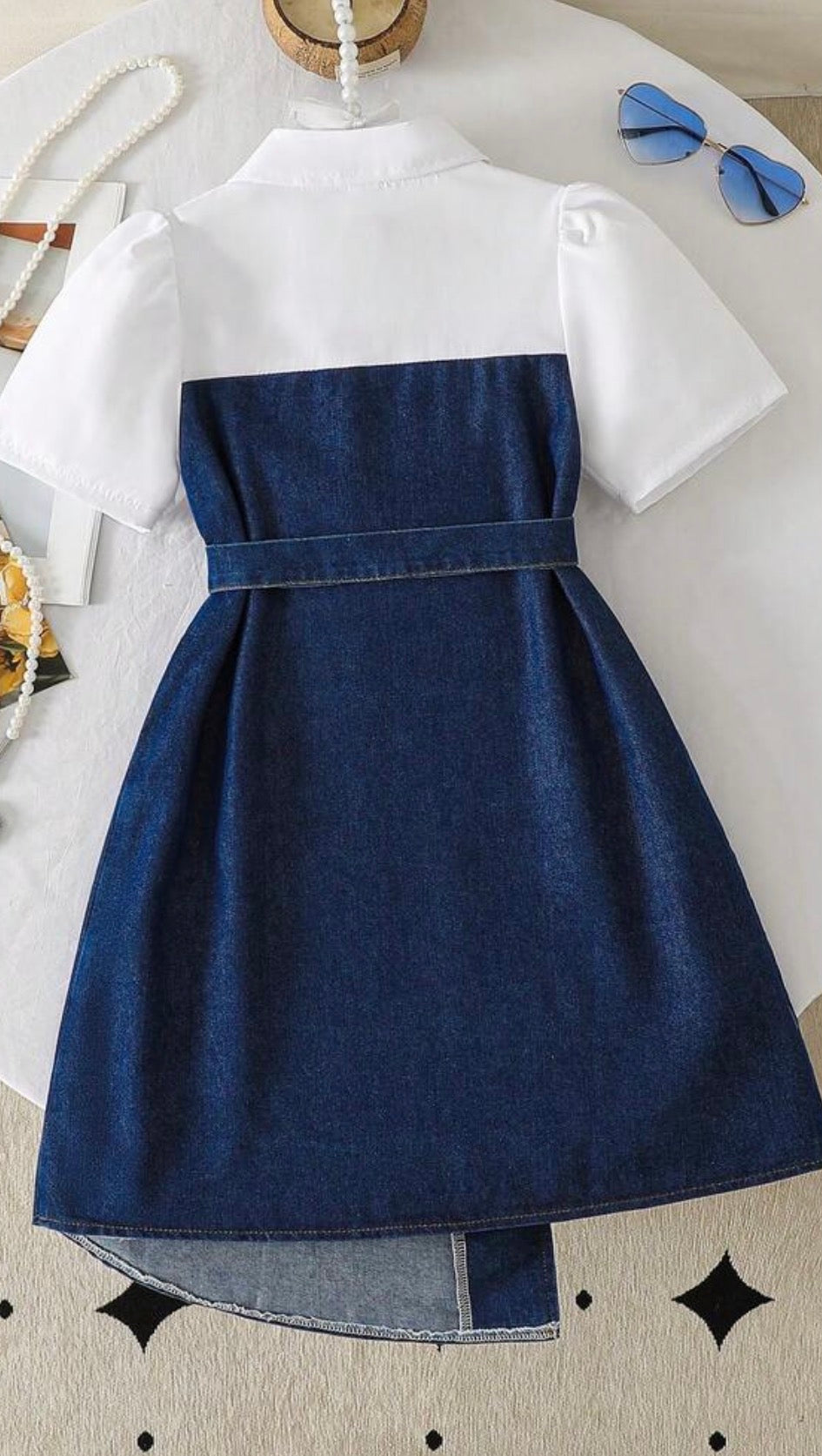 Girls Elegant Collar Top & Irregular Denim Skirt Dress with Belt