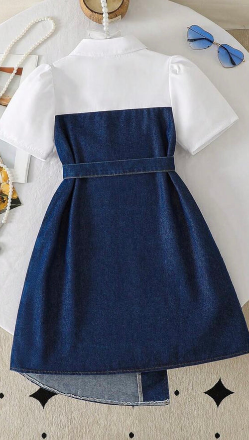 Girls Elegant Collar Top & Irregular Denim Skirt Dress with Belt