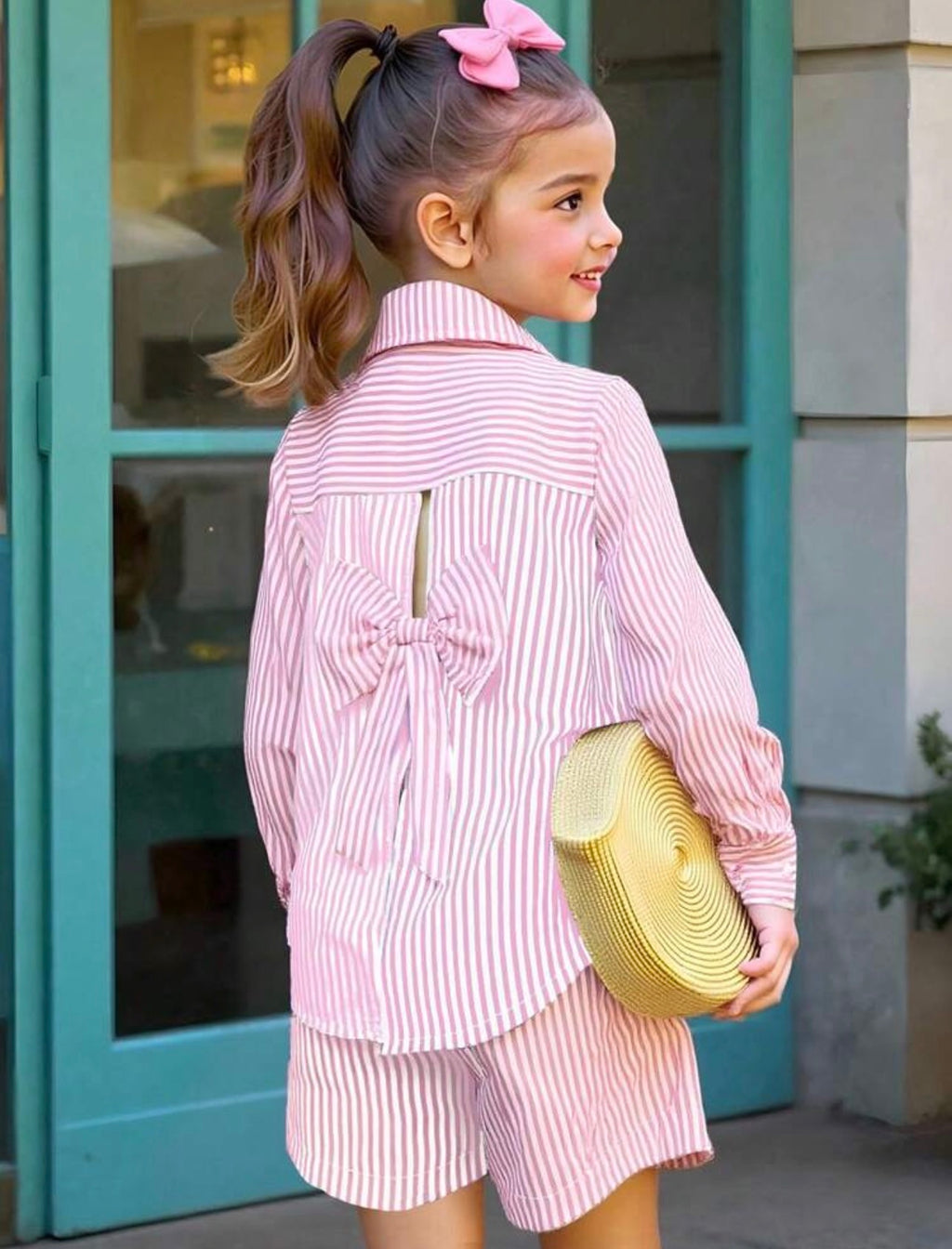 Girls Patchwork Contrast Collar Long Sleeve Shirt & Striped Pants Outfit Set