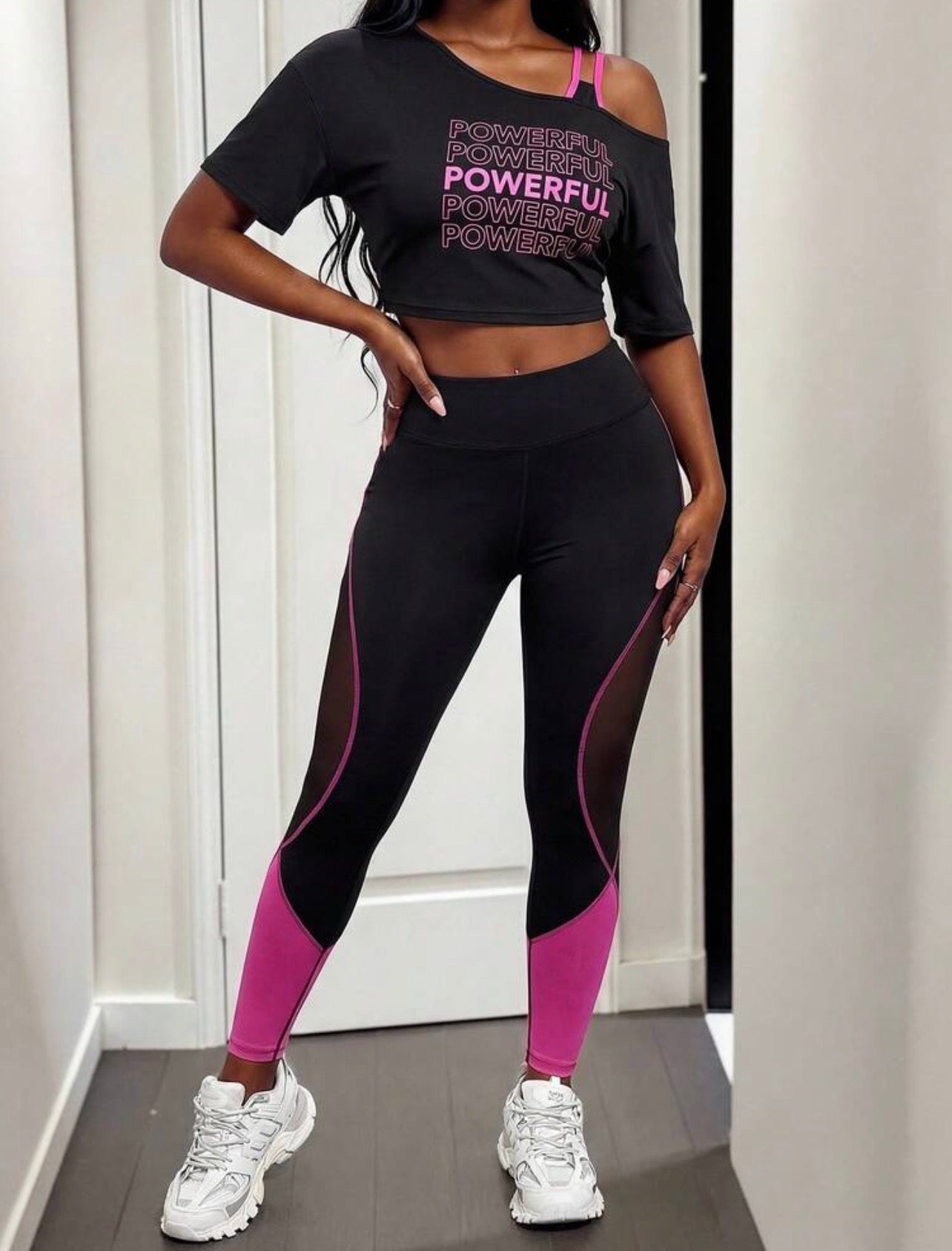 Women’s Letter Print Cropped T-Shirt, One-Shoulder Vest & Leggings Workout Set