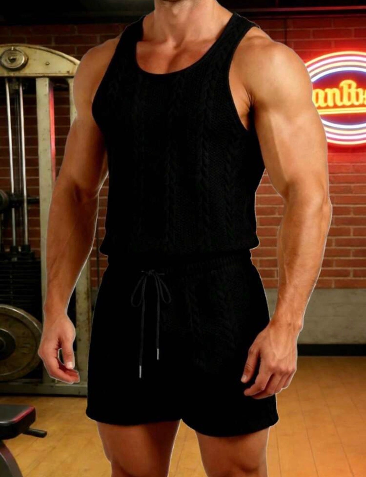 Men’s solid color sports set with round neck tank top and drawstring shorts, comfortable athletic outfit for training, gym, and casual wear.