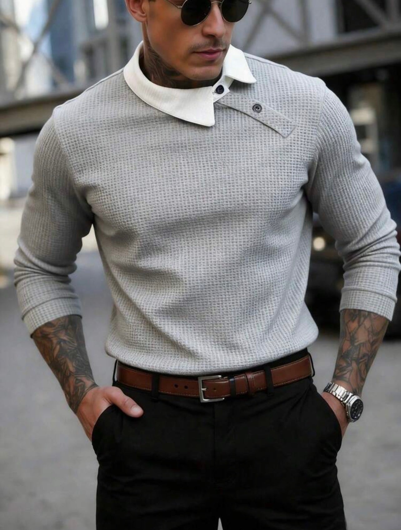 Men’s Contrast Color Long Sleeve Buttoned Knitted Polo Shirt – Casual Business Top