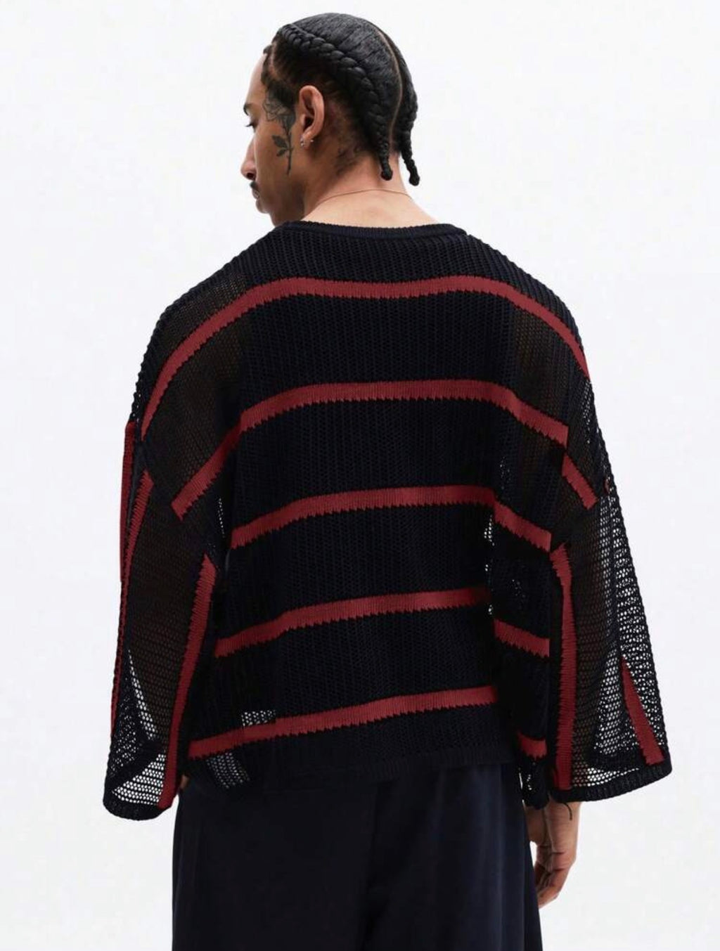Men’s Horizontal Striped Mesh Knit Sweater – Long Sleeve Crew Neck Pullover
