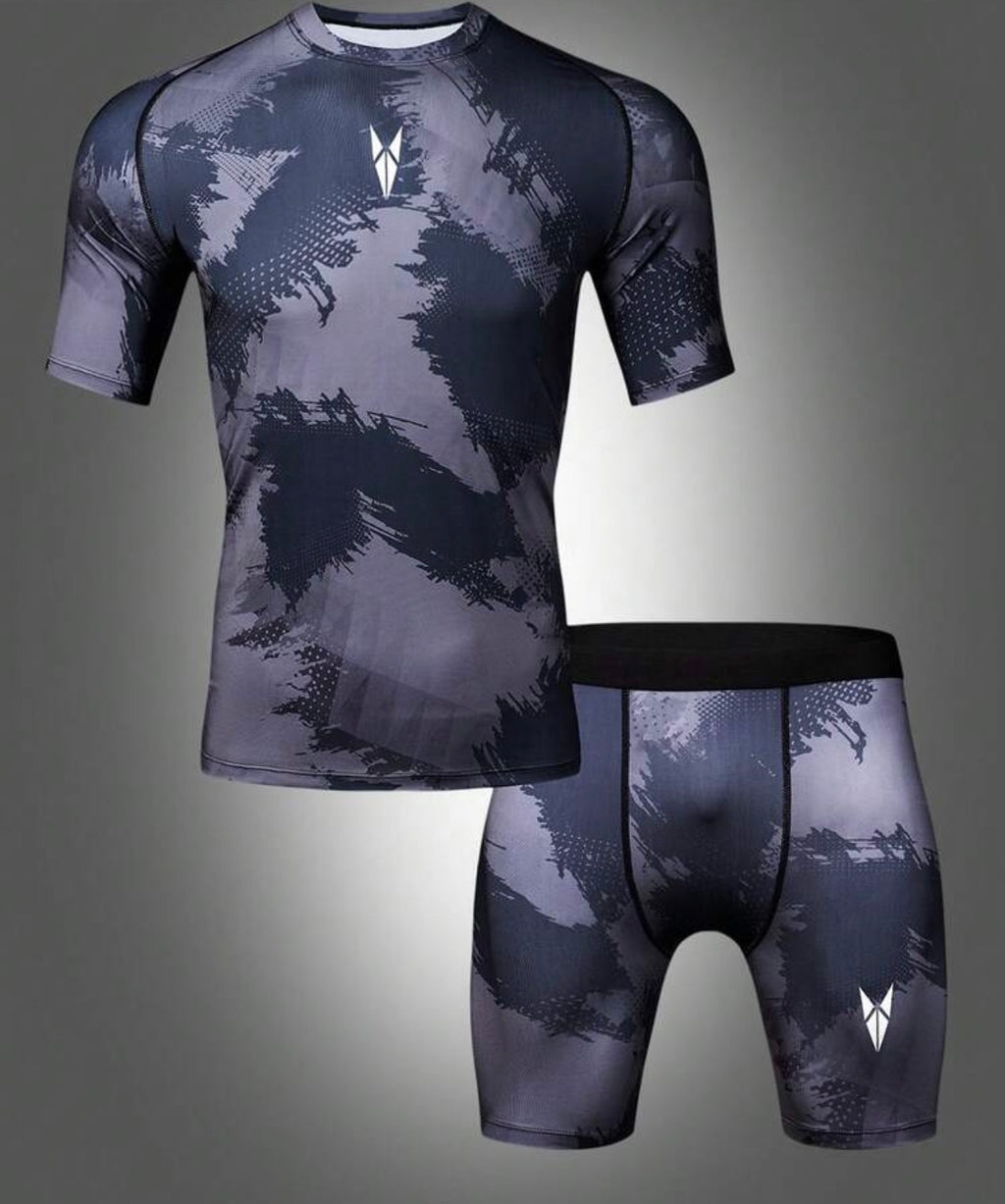 Men’s Contrast Print T-Shirt & Shorts Athletic Workout Set
