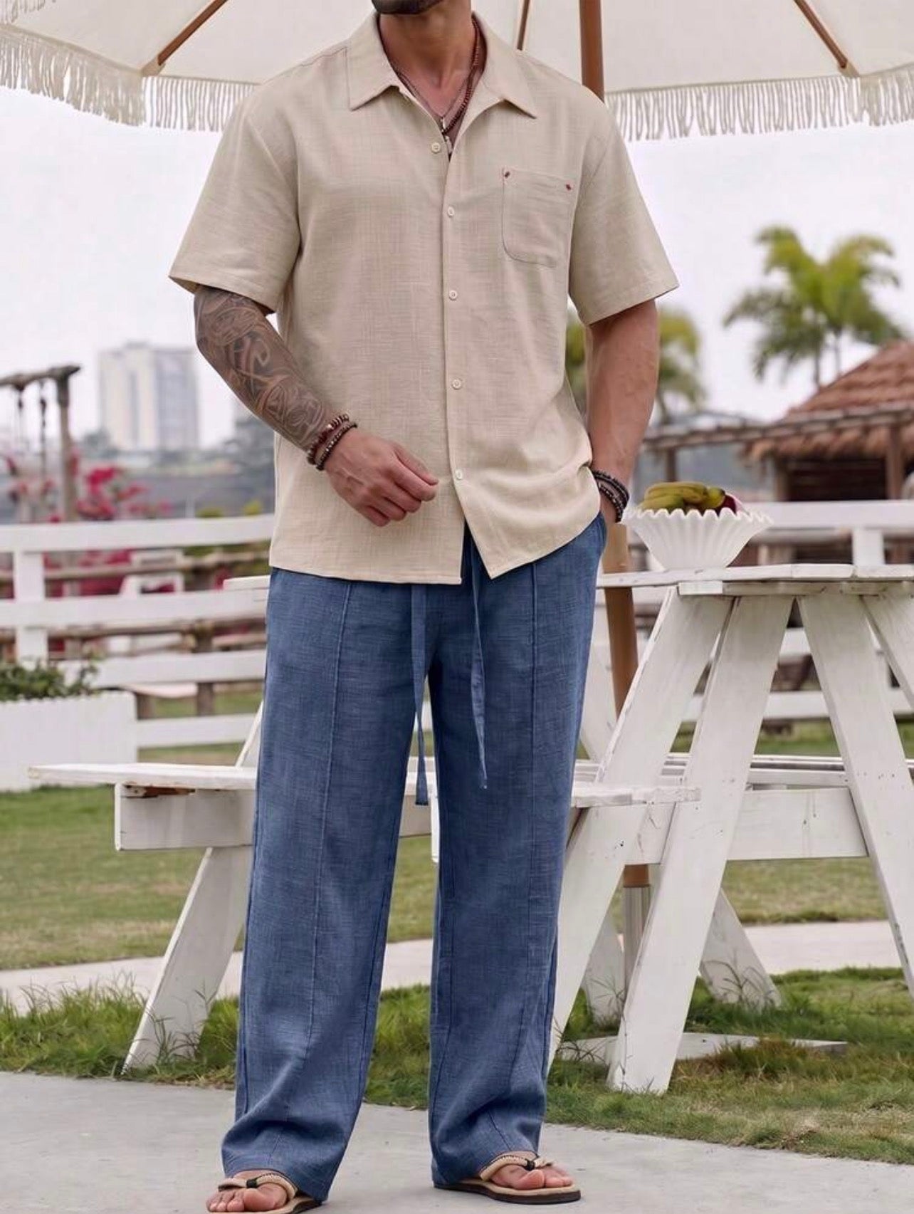 Men’s Linen-Like Vacation Two-Piece Set – Loose Fit Shirt & Long Pants Beach Outfit