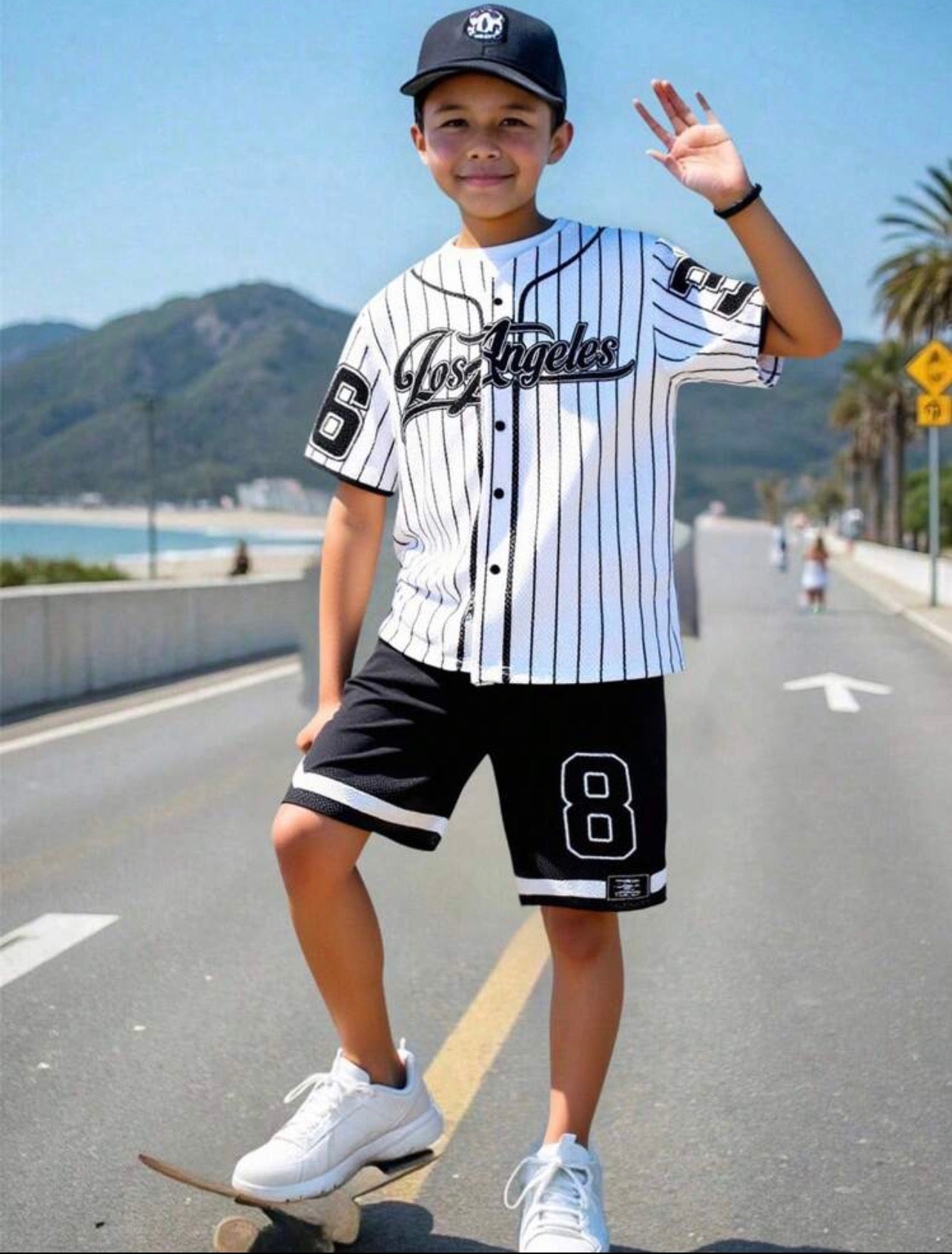 Tween Boys Letter Print Striped Shirt and Shorts Casual Sports Outfit Set