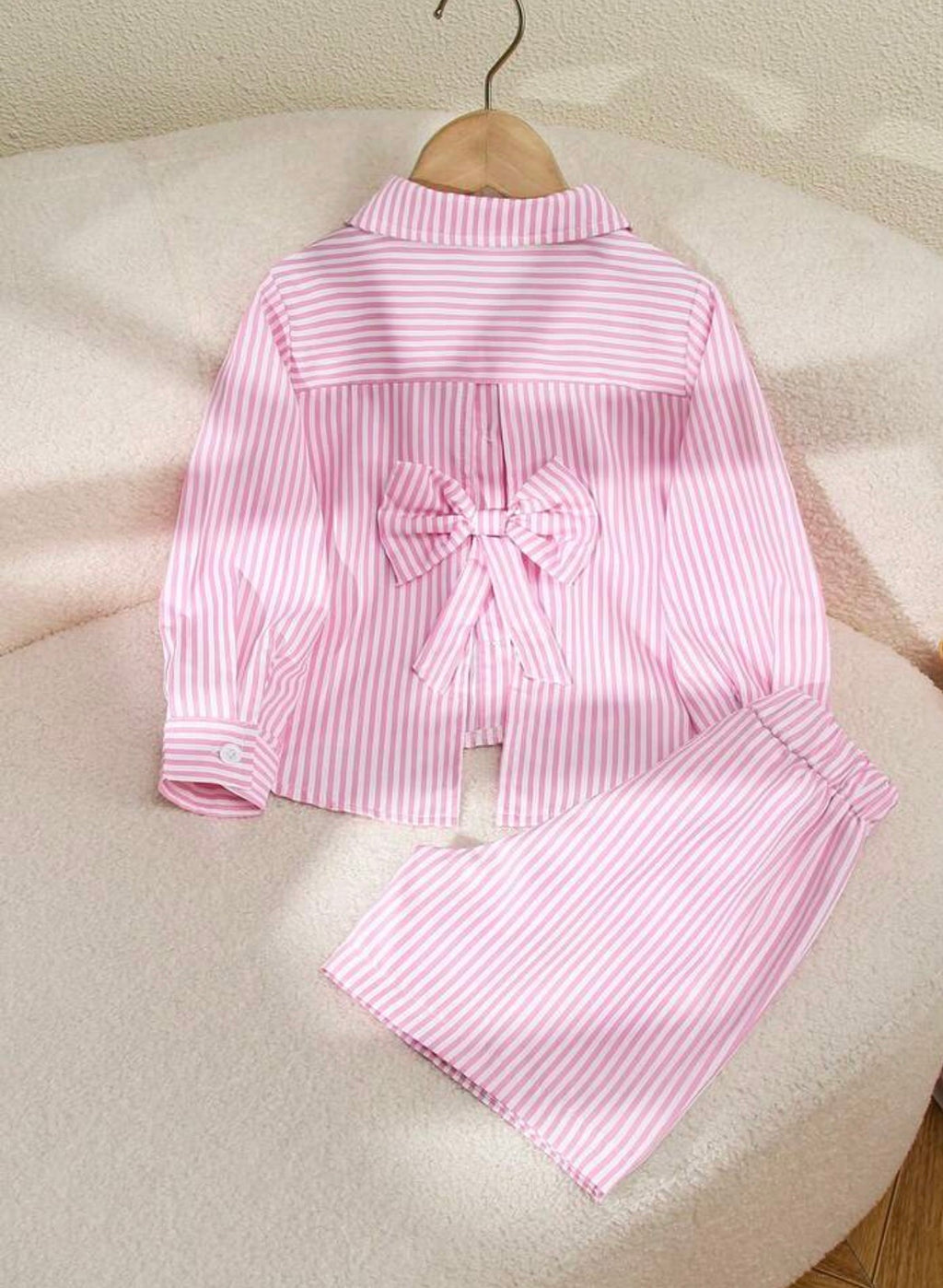Girls Patchwork Contrast Collar Long Sleeve Shirt & Striped Pants Outfit Set