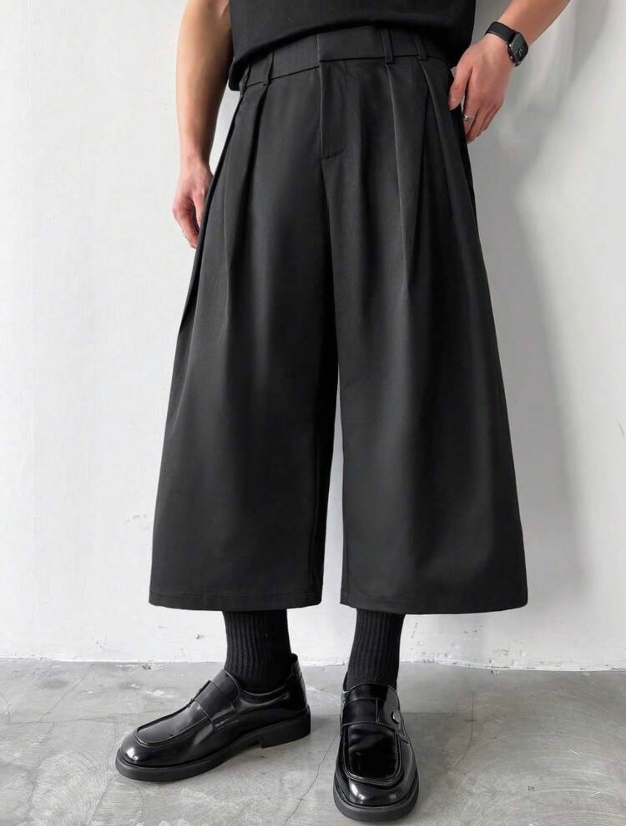 Men’s Black Baggy Wide Leg Woven Capri Pants – Casual Loose Fit Streetwear Trousers