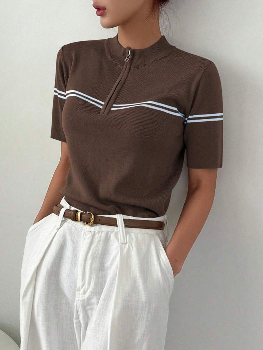 Women’s Business Casual Stand Collar Short Sleeve Knit Pullover Top