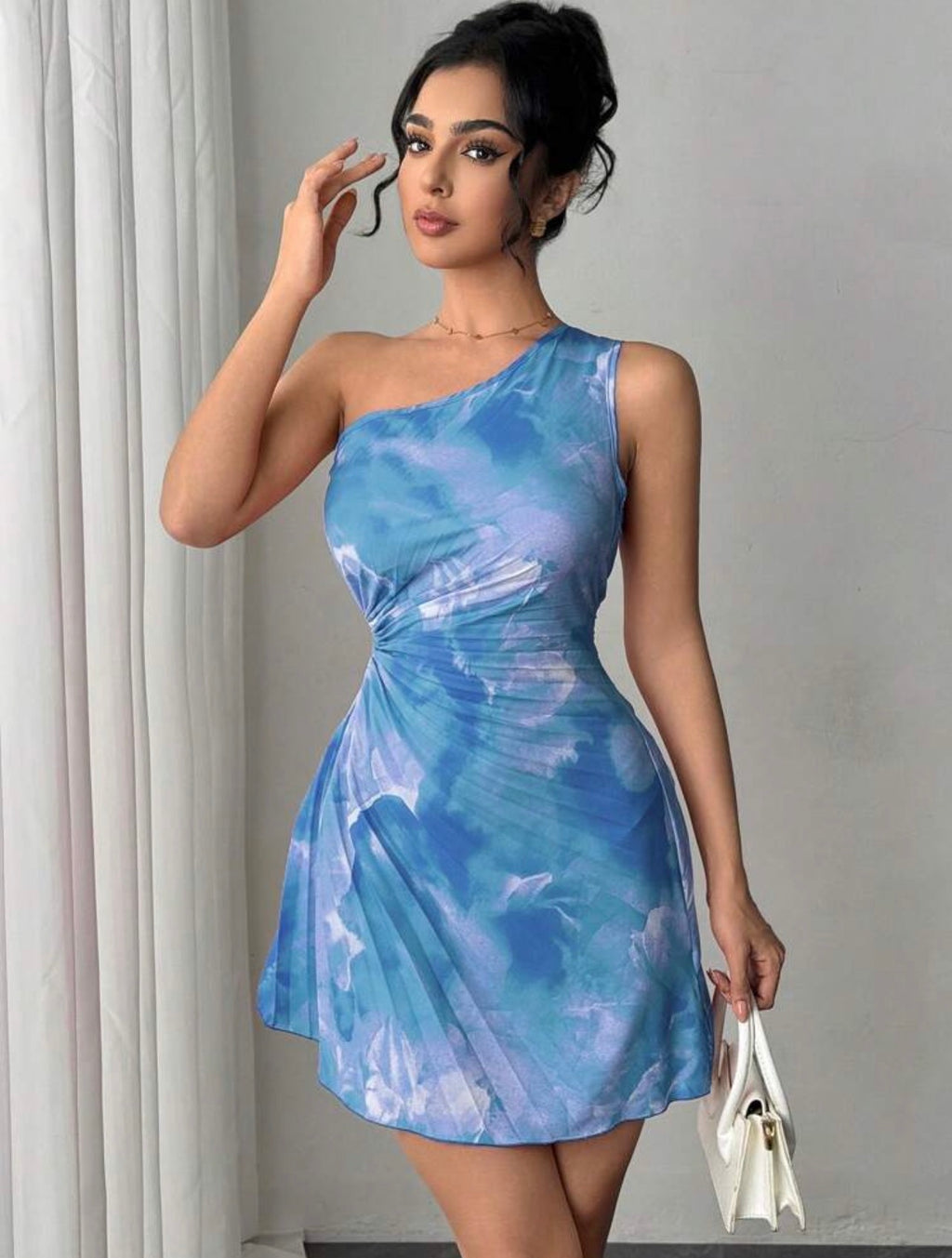 Women’s Asymmetric Neck Ruched Printed Casual Vacation Dress