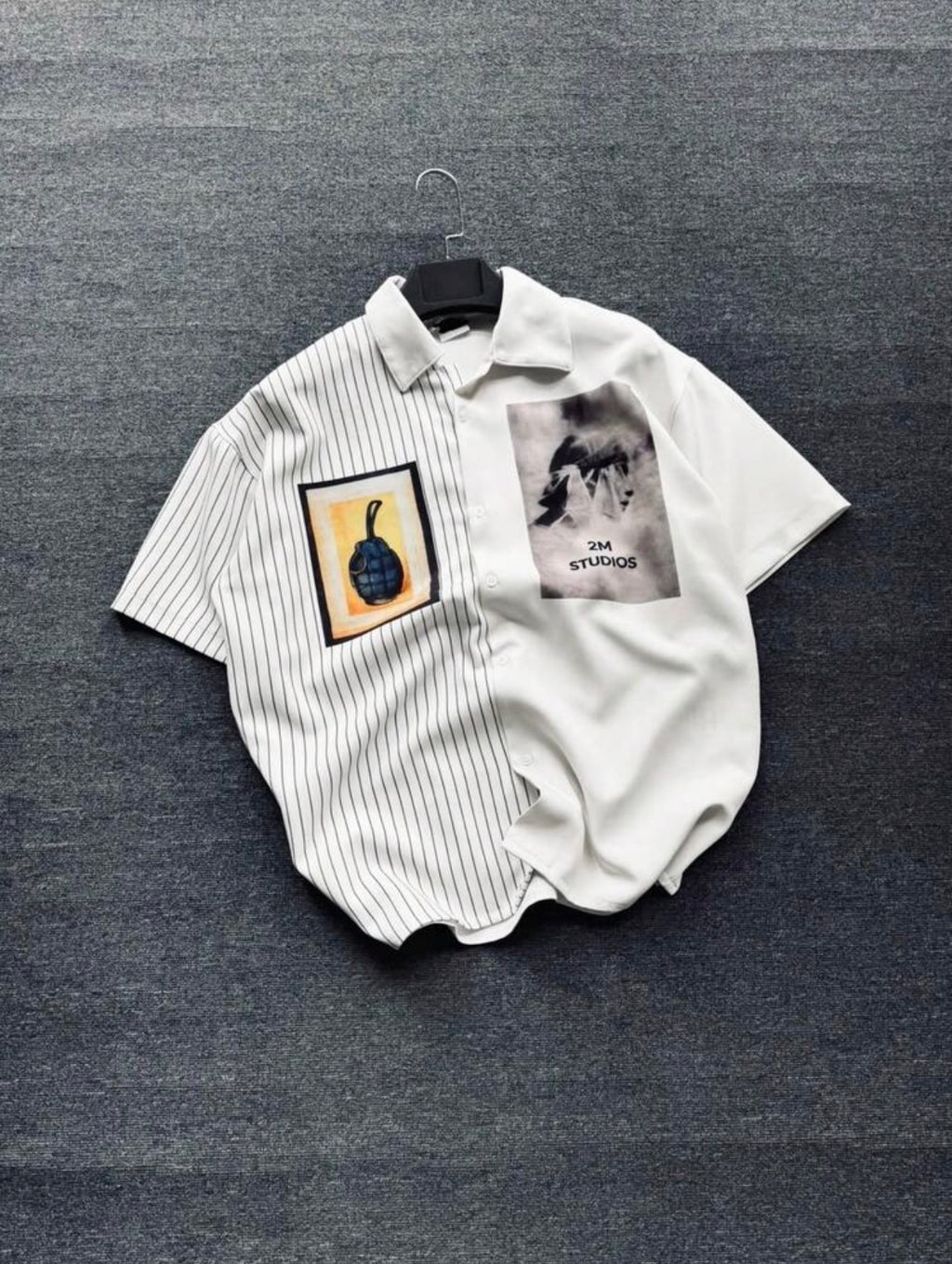 Men’s Two-Tone Striped Camp Collar Short Sleeve Shirt – Oversized Graphic Streetwear Top