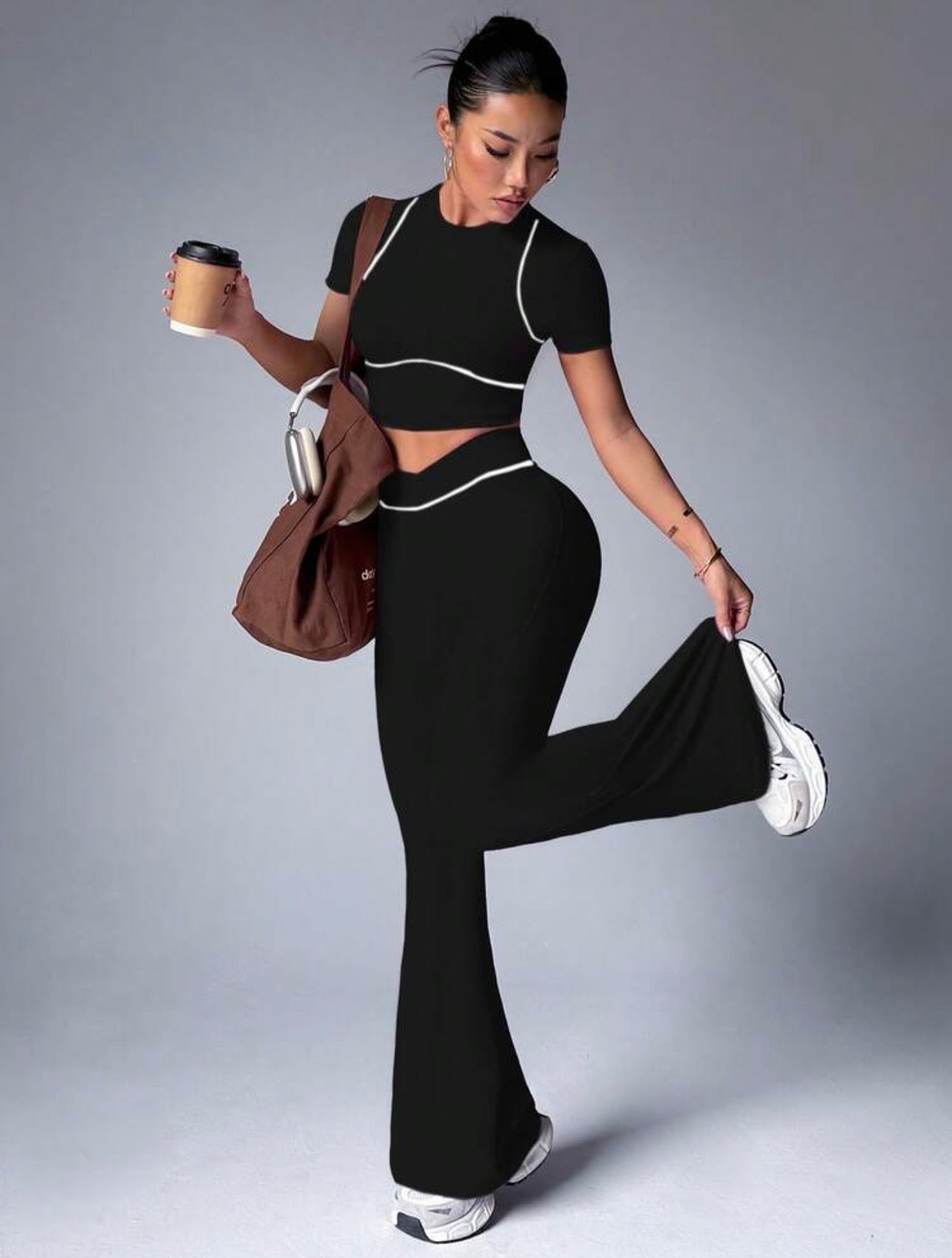 Women’s Color Block Short Sleeve Top & Flare Leggings Sports Set