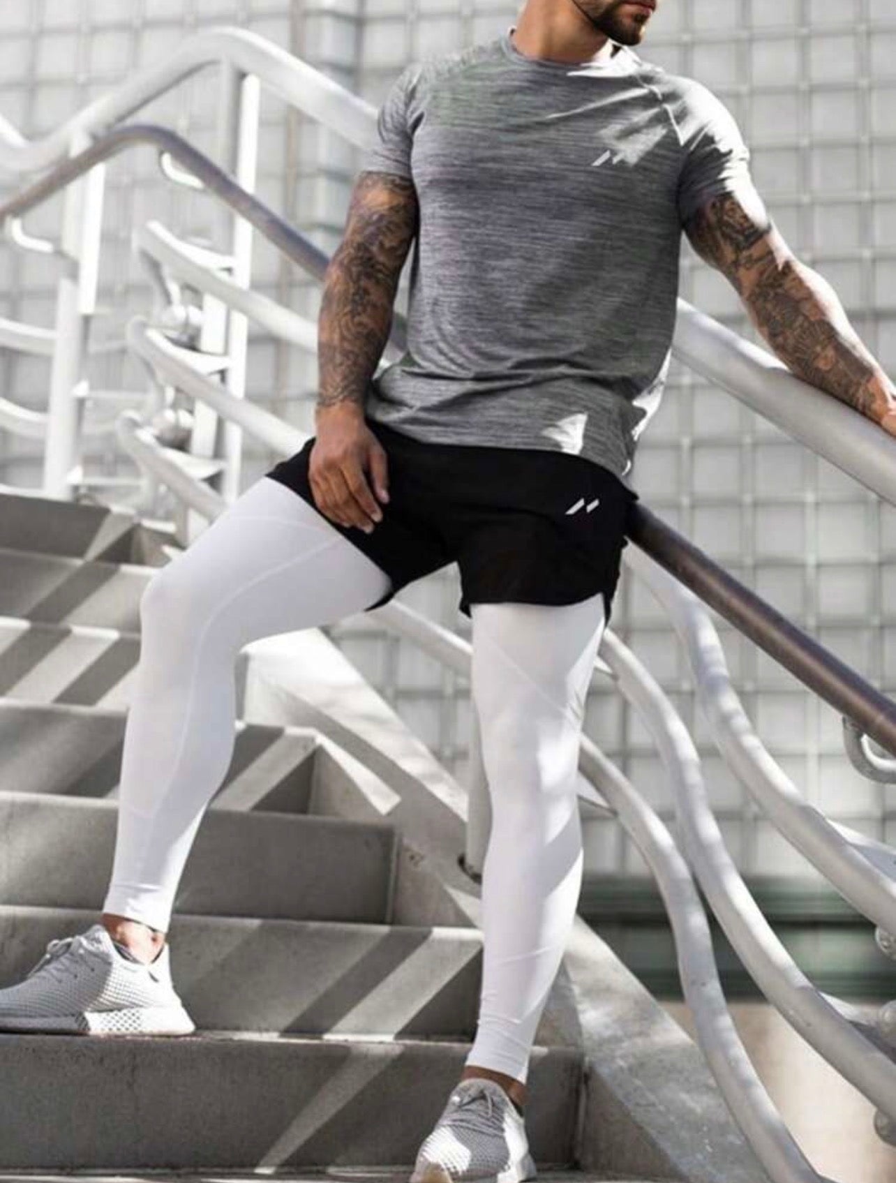 Men’s Short Sleeve T-Shirt, Shorts & Compression Leggings 2-Piece Athletic Workout Set