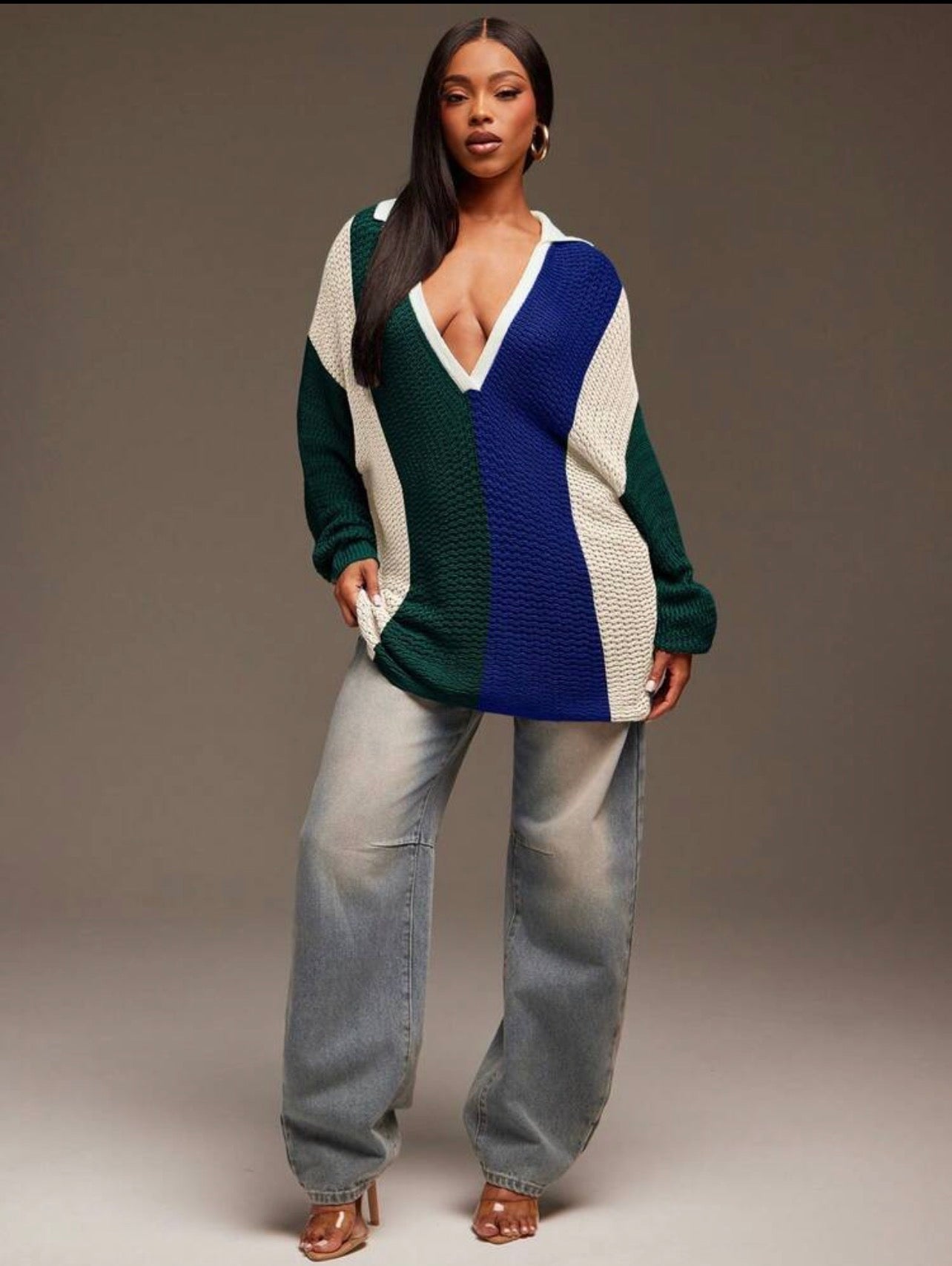 Women’s Collared Oversized Striped Knit Long Sleeve Top – Casual Streetwear