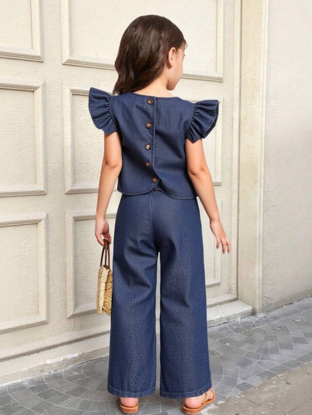 Girls Navy Blue Denim Loose Top & Pants Casual 2-Piece Summer Set